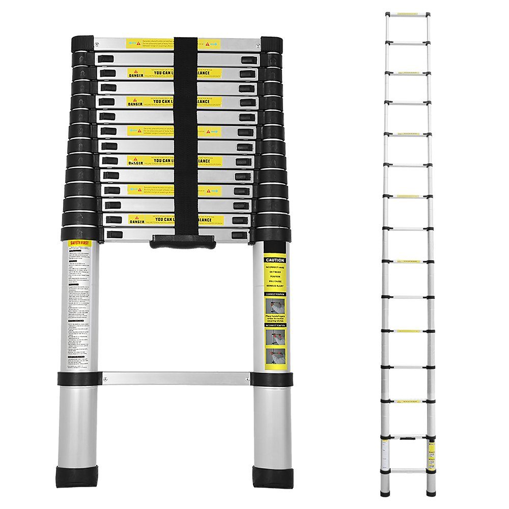 Gimisgu Teleskopleiter Teleskopleiter Alu 4.4m Ausziehleiter Silber Anlegeleiter