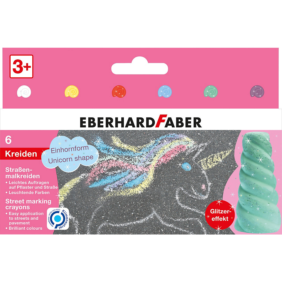 Straßenmalkreide Einhorn Glitzer, 6 Farben