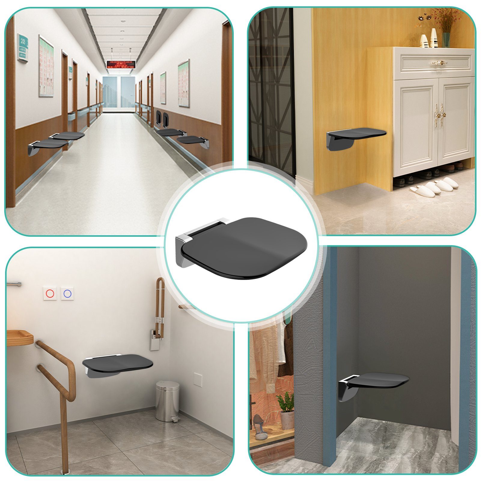 HEUFFE Duschklappsitz zur wandmontage, für Senioren & Kinder, klappbar, rechteckig, schwarz, belastbar bis 200,00 kg, modern, gebogenes Design, mit Anti-Rutsch-Polster, EUIPO-zertifiziert