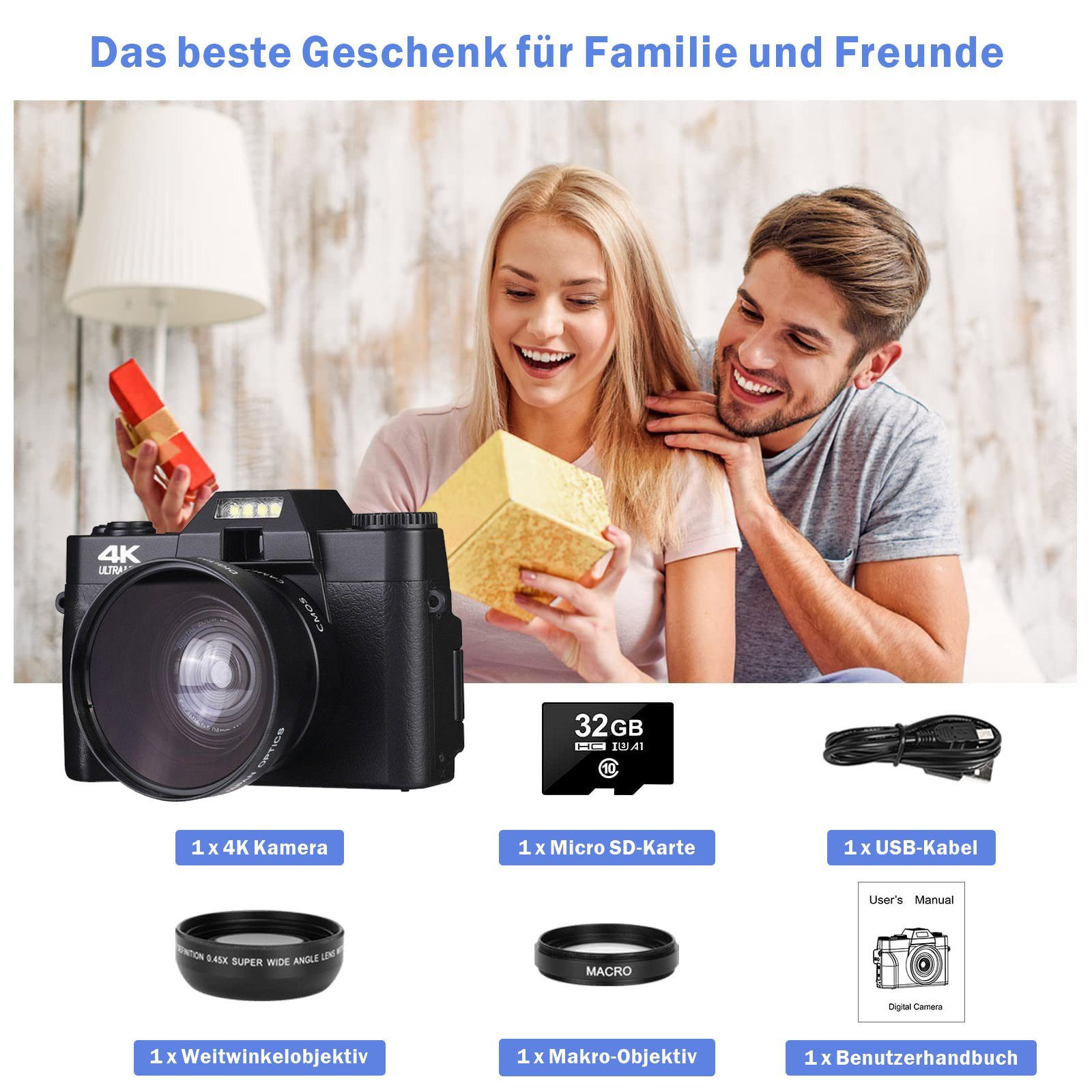 Fine Life Pro 4K Ultra HD R10 Digitalkamera Systemkamera (48 MP, 16x opt. Zoom, WLAN (Wi-Fi), inkl. 4K-Videofunktion, 5 Serienbildfunktionen, 16-facher Digitalzoom, Kostenlose 32-GB-Speicherkarte, 30FPS)