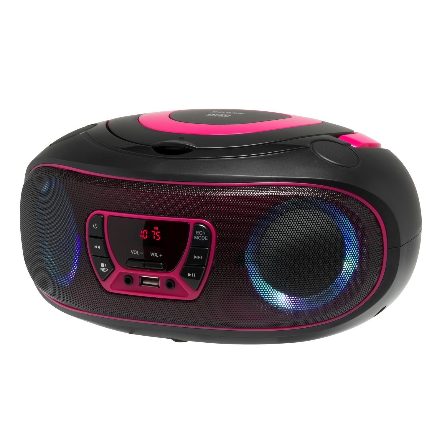 Denver TCL-212BT Pink tragbarer CD-Player (Bluetooth, USB, AUX-IN, Kopfhörerausgang und LED Partylicht)