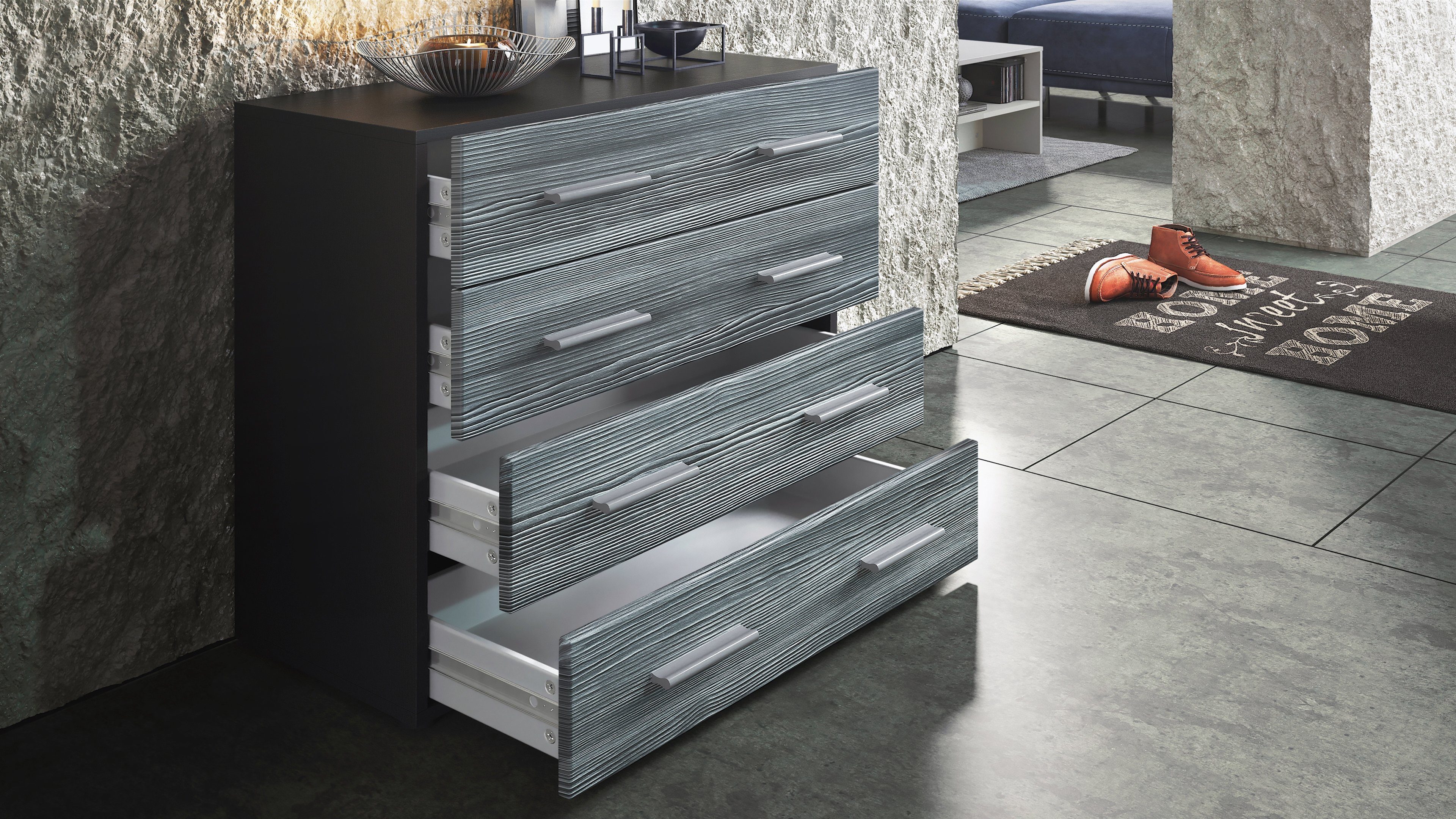 Vladon Kommode Pavos (Kommode, ​mit 4 Schubladen), Schwarz matt/Weiß Hochglanz (76 x 72 x 35 cm)