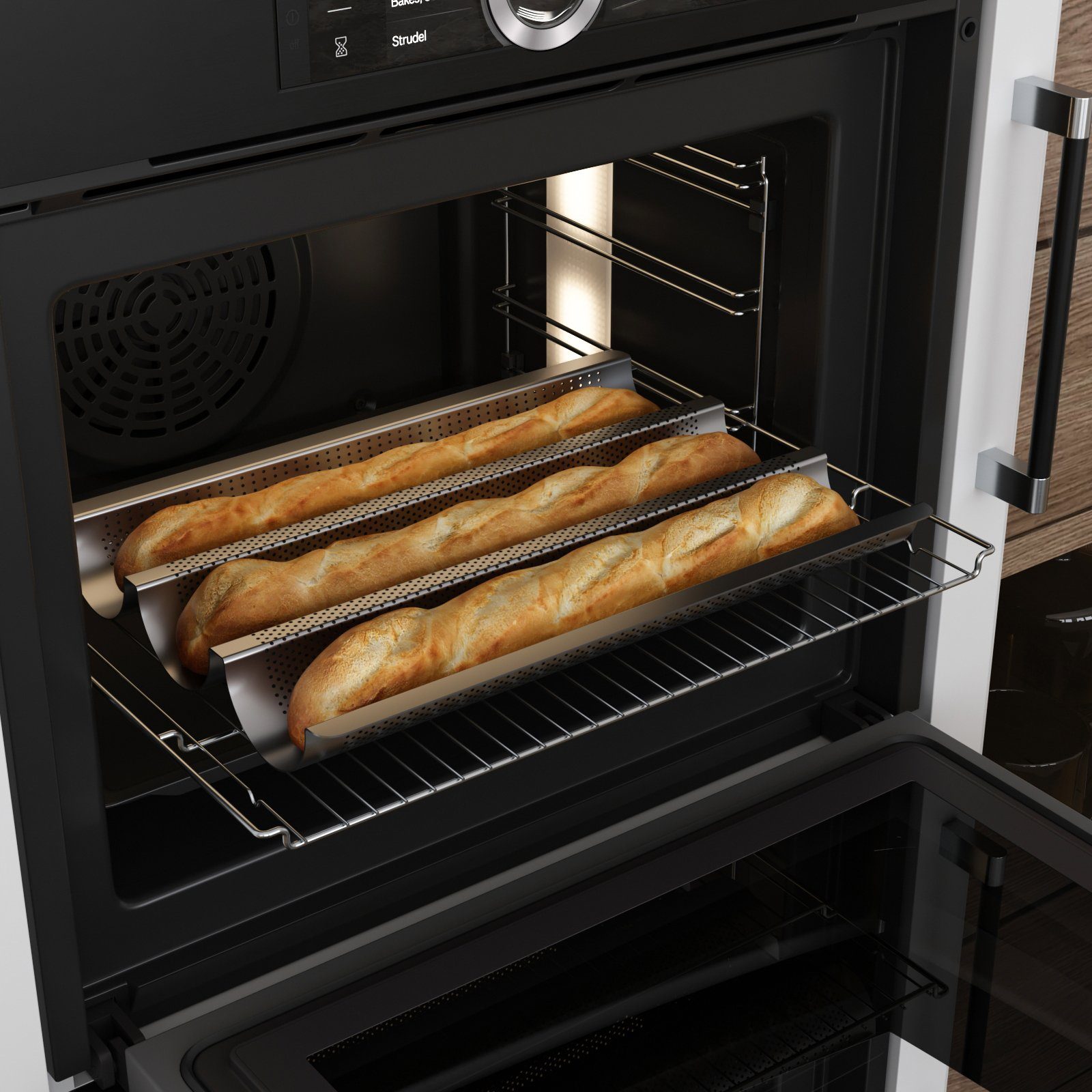 Wellgro Baguetteblech Baguette-Blech - für bis zu 3 Baguettes - Baguetteblech mit Antihaftbeschichtung, Brotform, Baguetteform, Brotbackform, Baguettebackblech, Backform - 38,5 x 28,5 x 4 cm, Karbonstahl