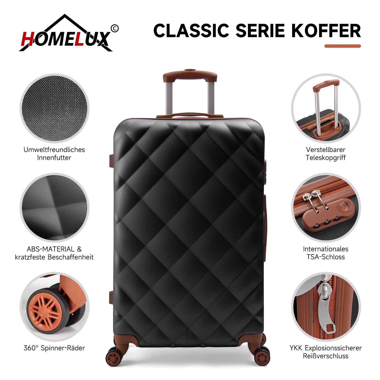 HOMELUX Trolleyset Kofferset 3er ABS Hartschale Reisekoffer, 4 Rollen, 4 Rollen, (Set, 3), Rollkoffer Trolley Hartschalen koffer Set - M-L-XL