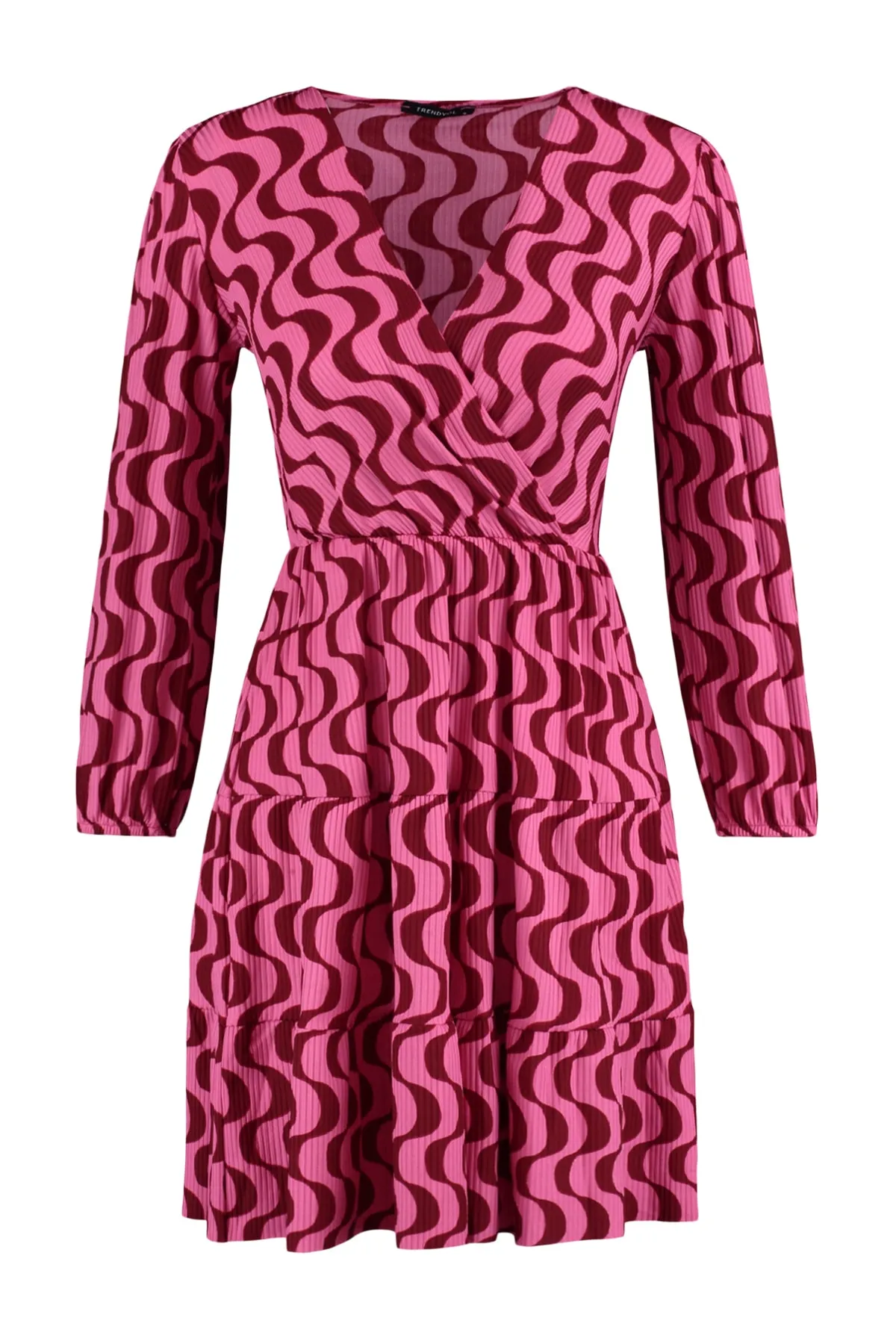 Trendyol Collection  Rotes Retro-bedrucktes Skater-/Zweireiher-Mini-Stretch-Strickkleid mit Ausschnitt TWOAW22EL0104