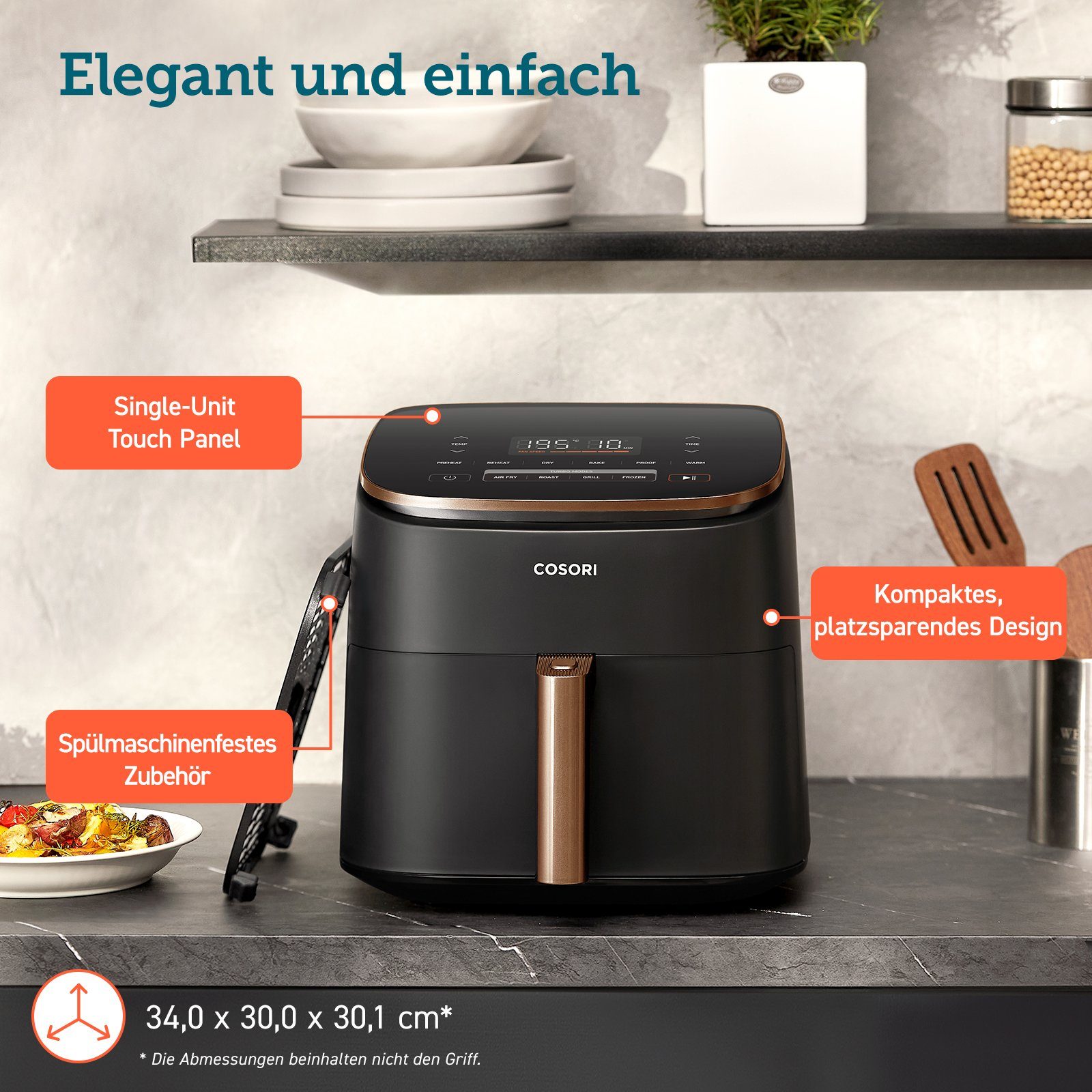 Cosori Heißluftfritteuse TurboBlaze Chef Edition, 6.0-Liter, CAF-DC602-KEUR, 1725,00 W, Einzigartiger DC-Motor, 40 % Stromsparen und 46 % schneller zubereiten