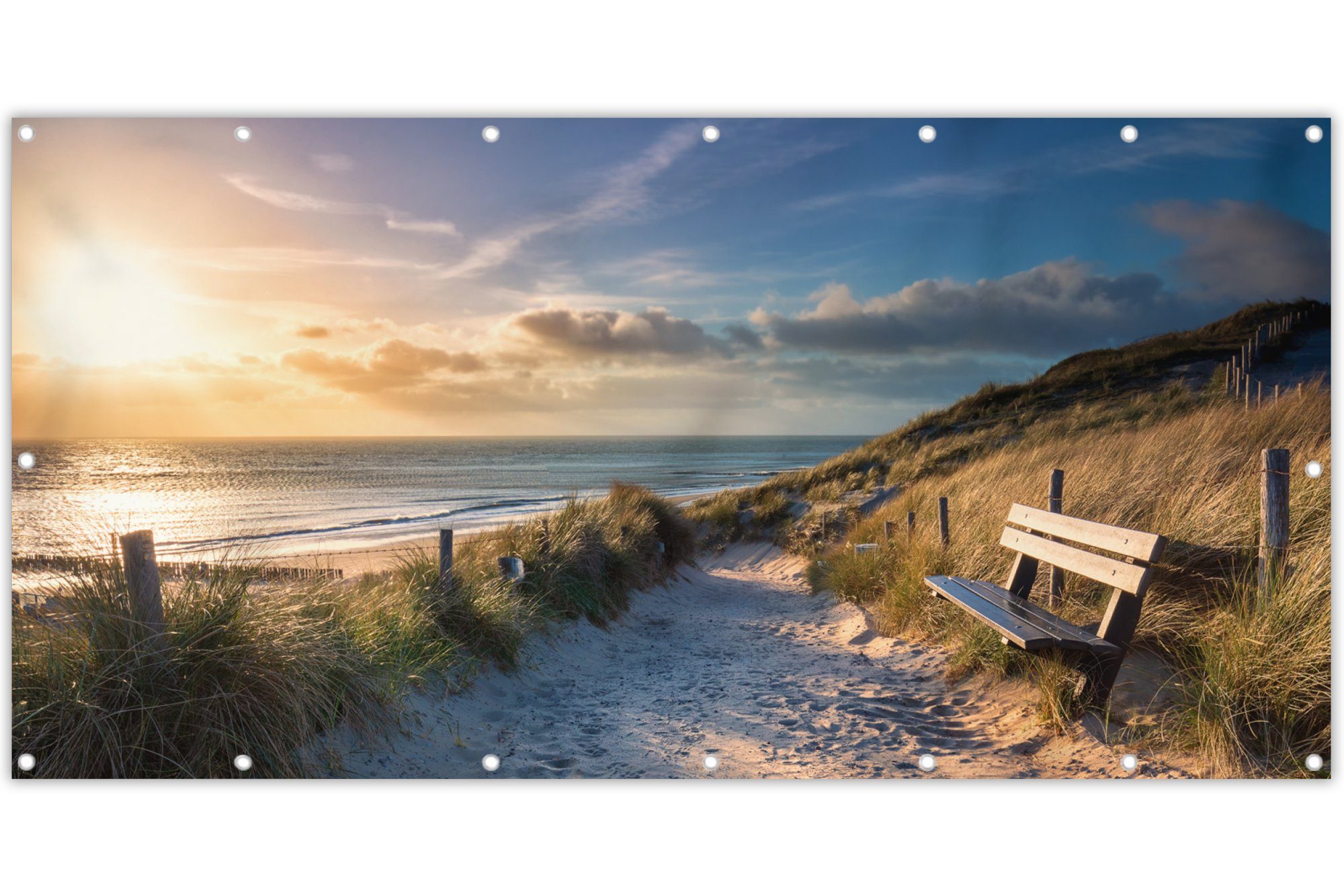 MuchoWow Balkonsichtschutz Sonnenuntergang - Strand - Düne - Gras - Bank (1-St) Balkonbanner, Sichtschutz für den Balkon, Robustes und wetterfest