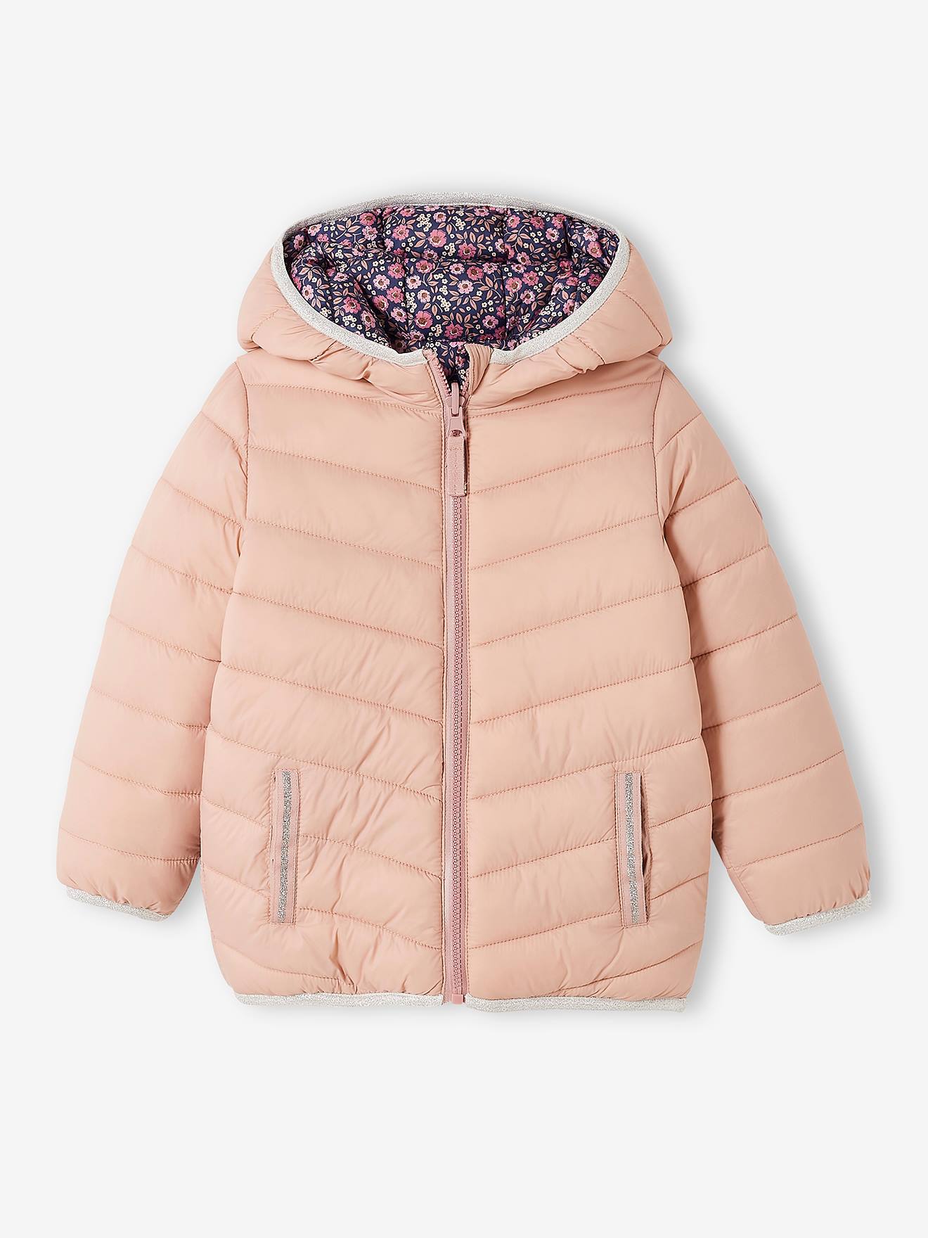 Doudoune à capuche légère réversible fille beige clair imprime