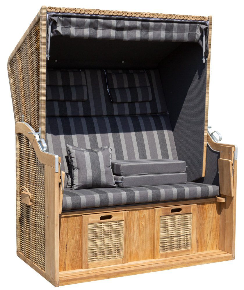 Trendyshop365 Strandkorb extra breit, BxTxH: 140,00x80,00x160,00 cm, Halblieger, Ostsee-Modell, (XL 2-Sitzer), Teakholz, komplett fertig montiert, mit 4 Rollen