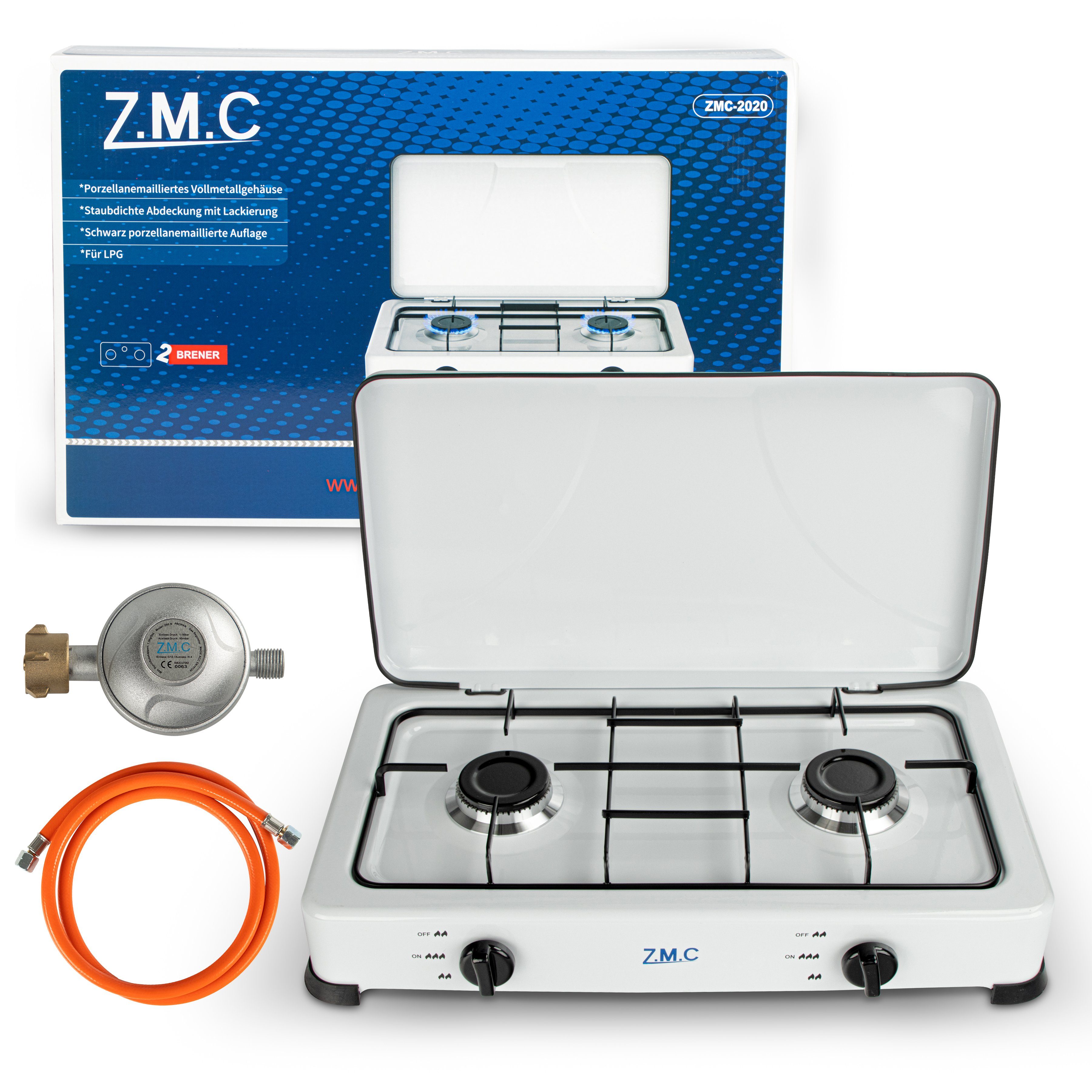 ZMC Gaskocher Tragbarer Gaskocher Campingkocher 2-flammig inkl. Schlauch und Regler, 2,2 kW 50 mBar Outdoor Gasherd Kochfeld Herd Propangas Tischkocher