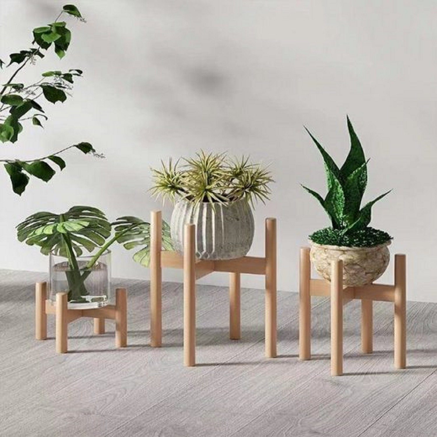 Kpaloft Blumenständer 3er Set Pflanzenregal Buchenholz, Blumenständer höhenverstellbar, Wohnung & draußen, Pflanzenständer
