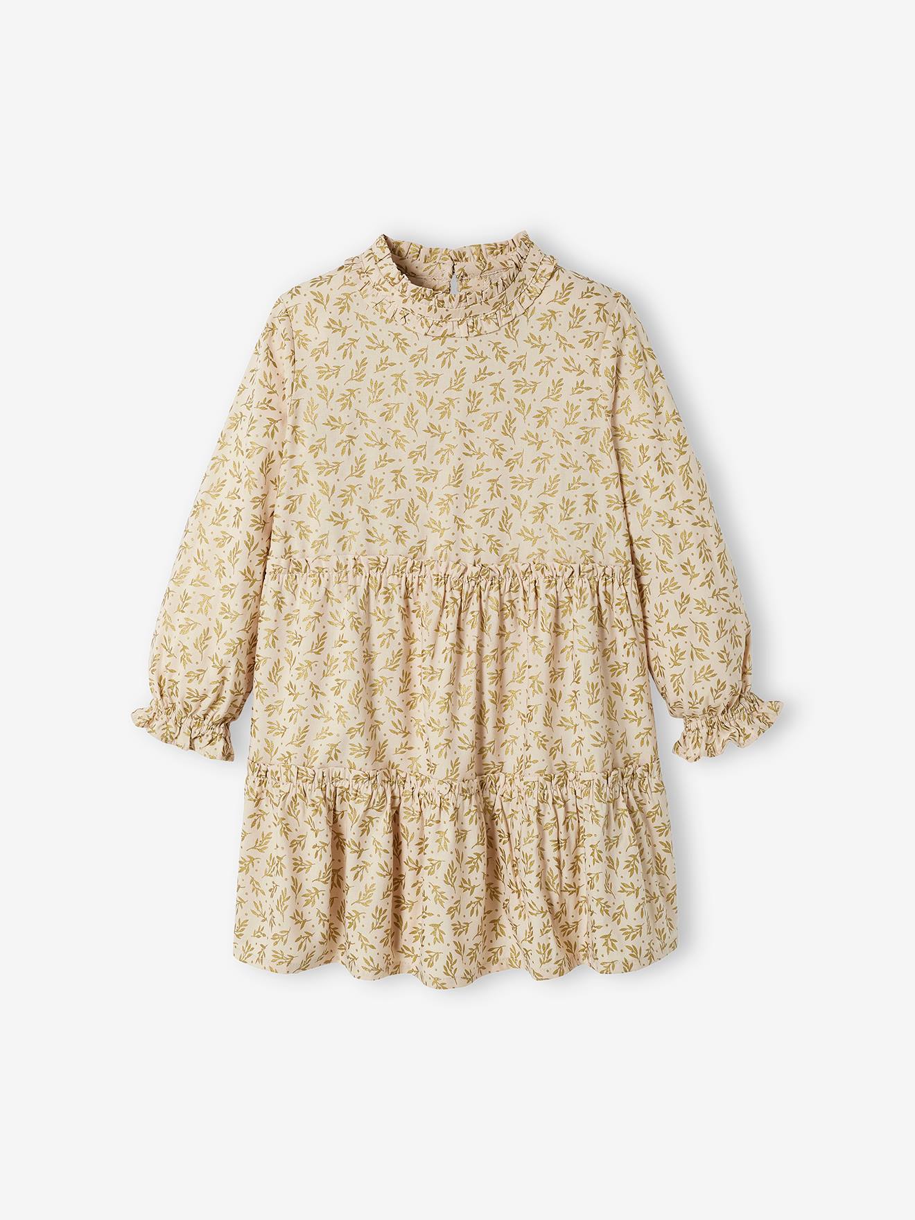 Robe de fête à volants fille motifs houx beige poudré