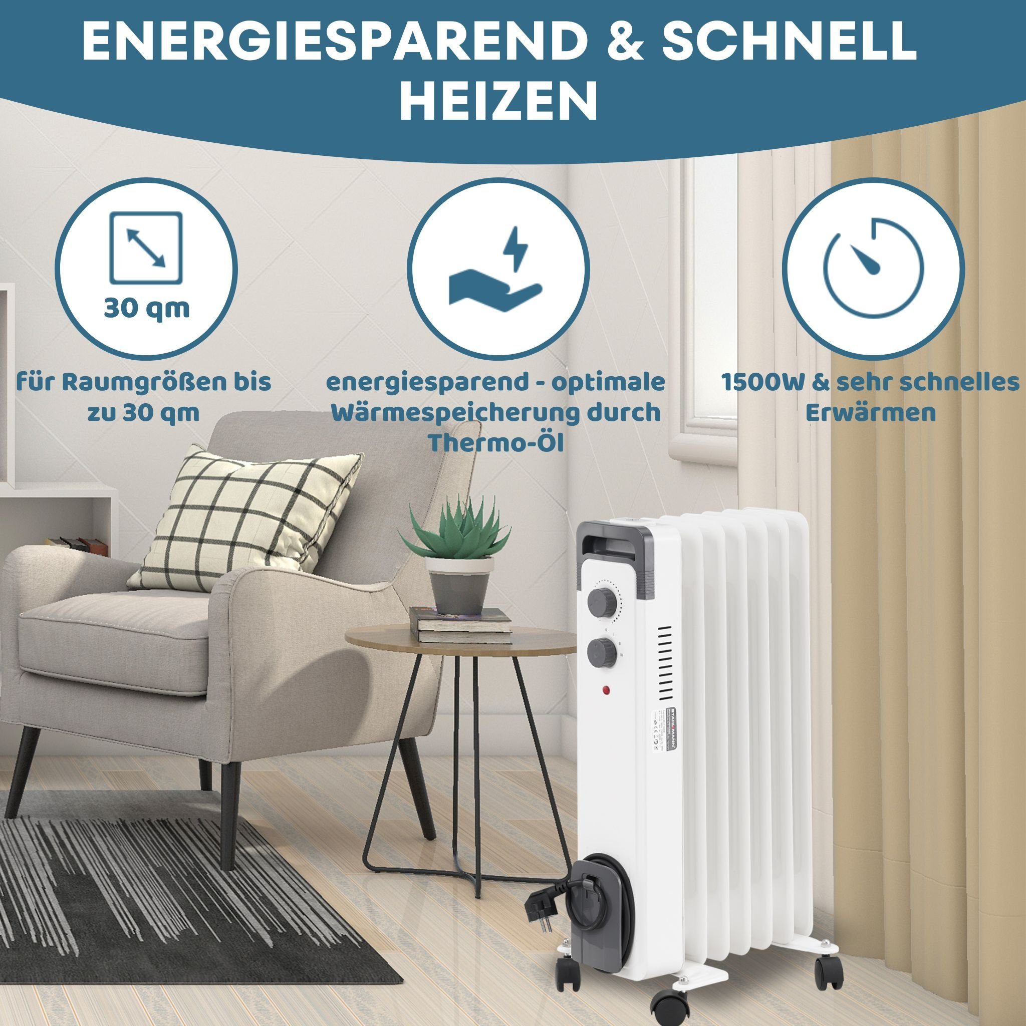 Stahlmann Heizgerät STAHLMANN Radiator Elektroheizung ZR17, 1500 W, Heizung Elektrisch mit Thermostat und 3 Heizstufen, Heizgerät