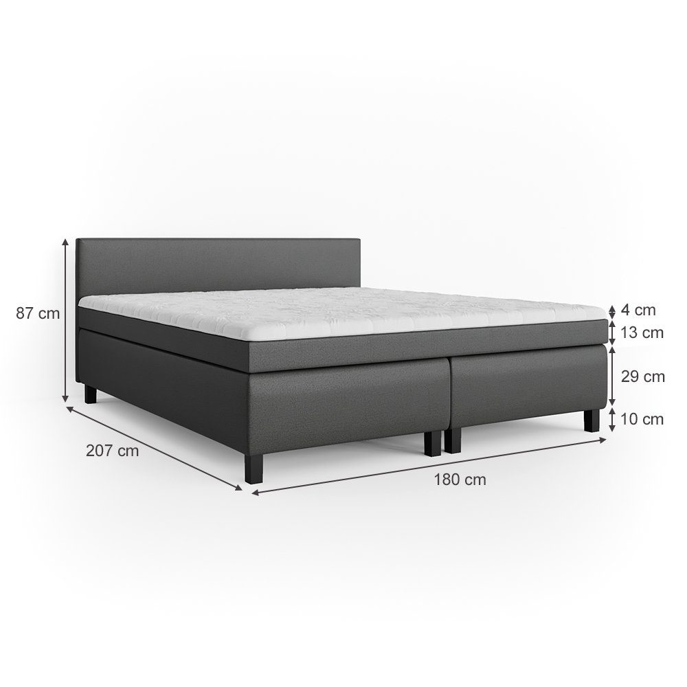 VitaliSpa® Boxspringbett Doppelbett Ehebett 180x200cm Philly Topper Schwarz