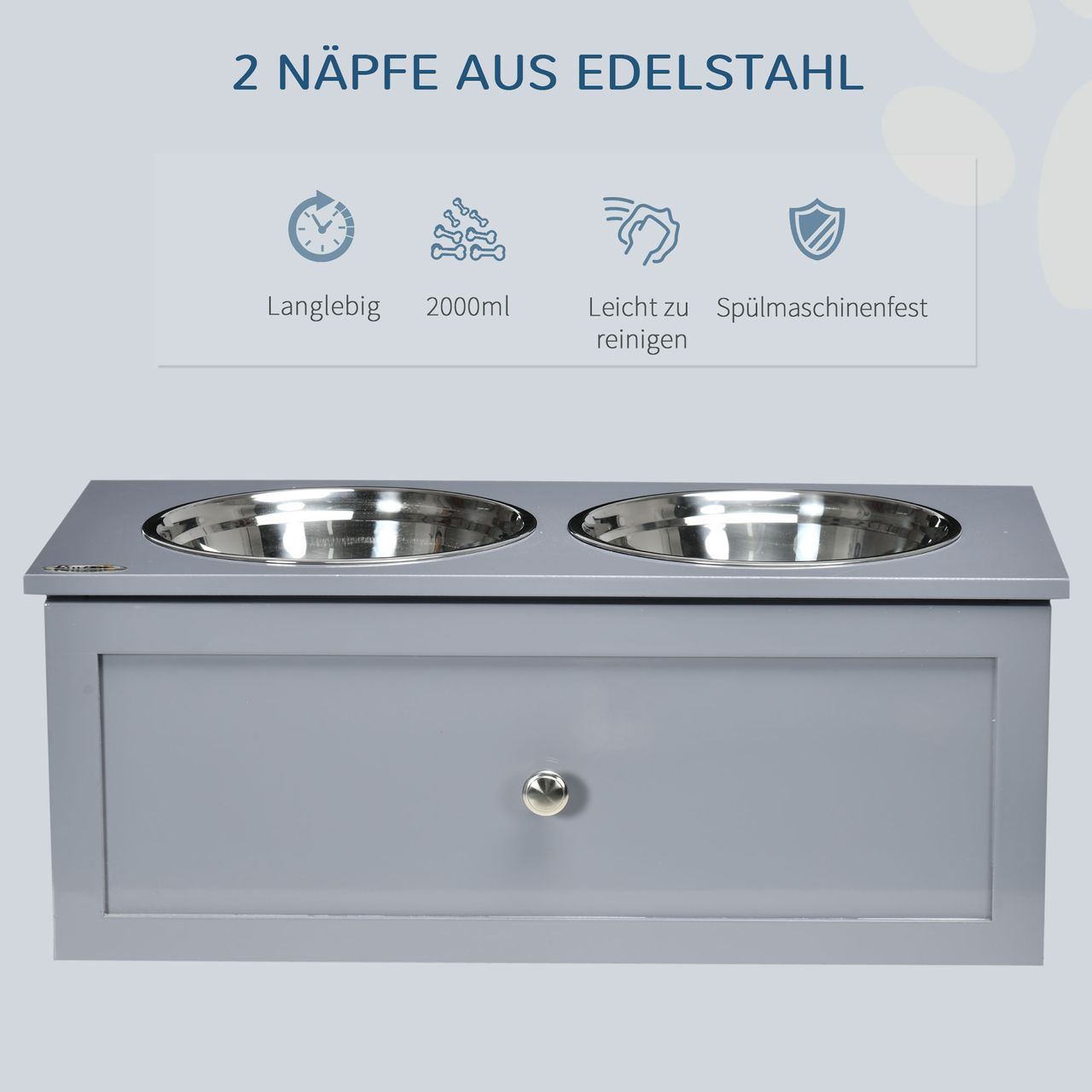 PawHut Hundenapf mit Schublade, erhöhter Hundenapf, Fressnapf aus Edelstahl