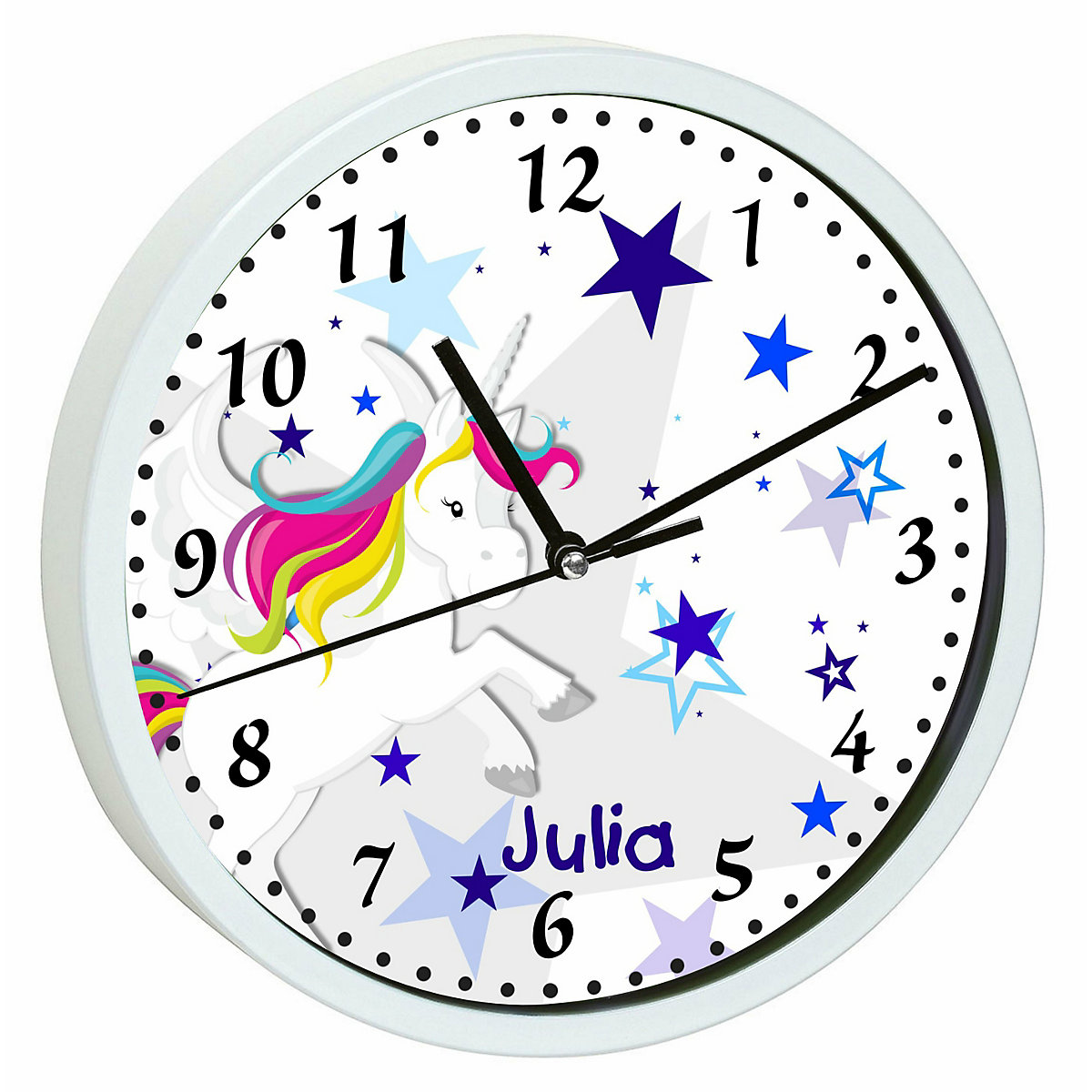 Kinder Wanduhr laufruhig personalisiert mit Name Pegasus Sterne Blau