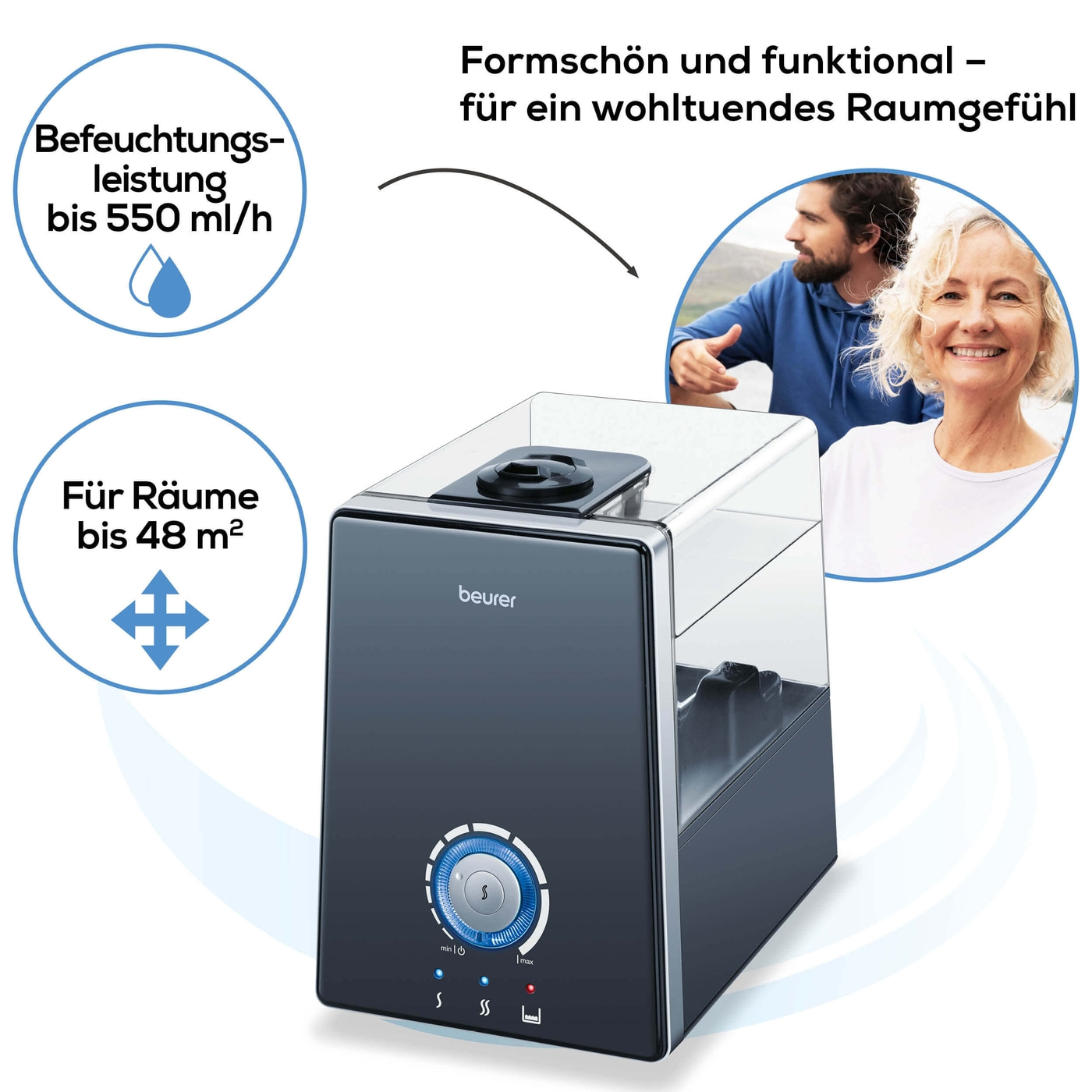 Beurer Luftbefeuchter LB 88 Black-Luftbefeuchter mit zuschaltbarer 3 Stufen Wassererhitzung & Kalkpads bis 48 m²