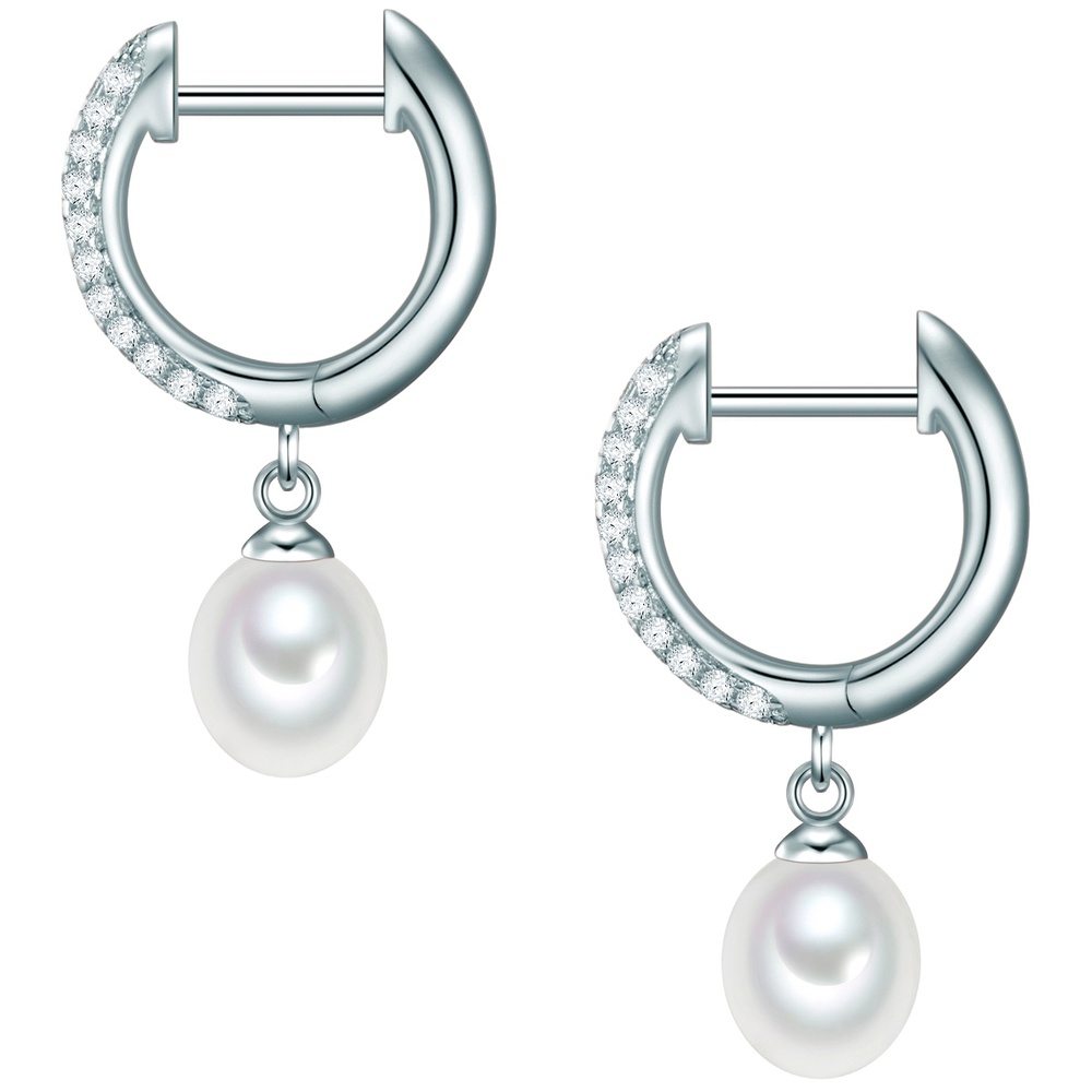 Valero Pearls Créoles en argent Argent sterling Oxyde de zirconium (CZ) Perle de culture d'eau  Boucles d'oreilles