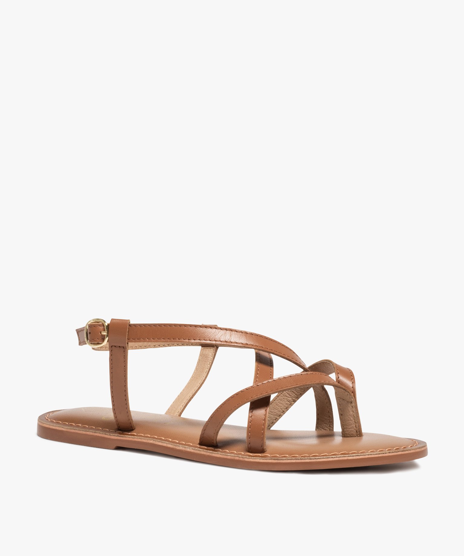 Nu-pieds femme en cuir fines brides spéciales pied large camel | GEMO