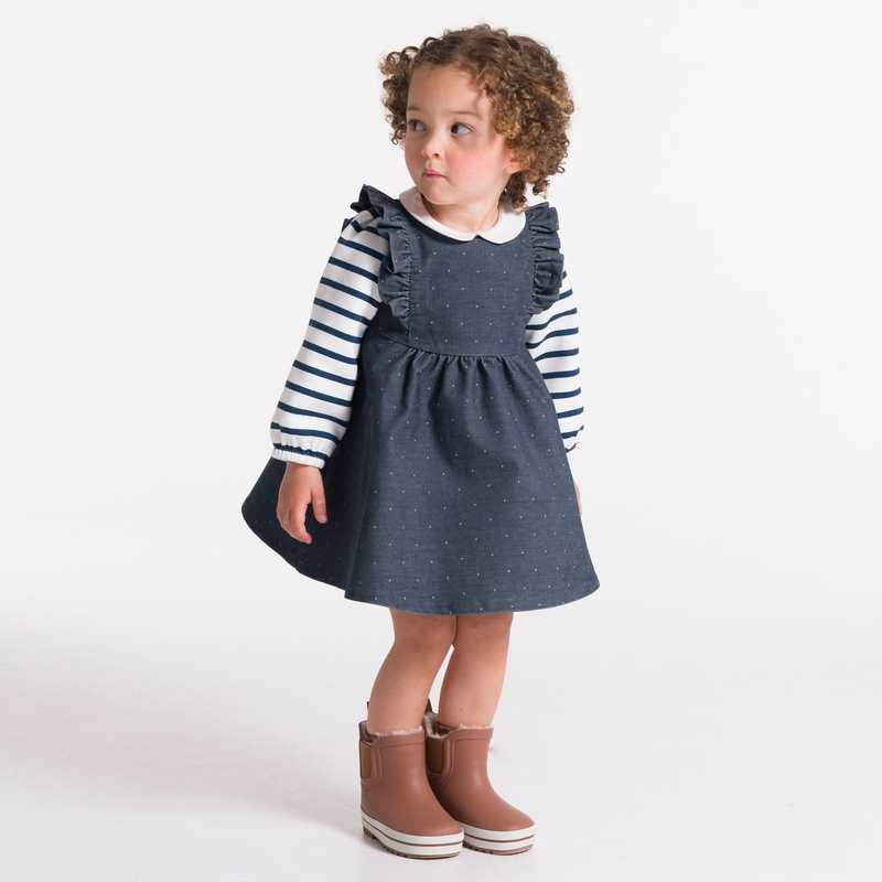 Robe à pois en velours côtelé bleue bébé fille