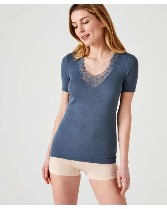 Tee-shirt maille ajourée, guipure à l'encolure Thermolactyl