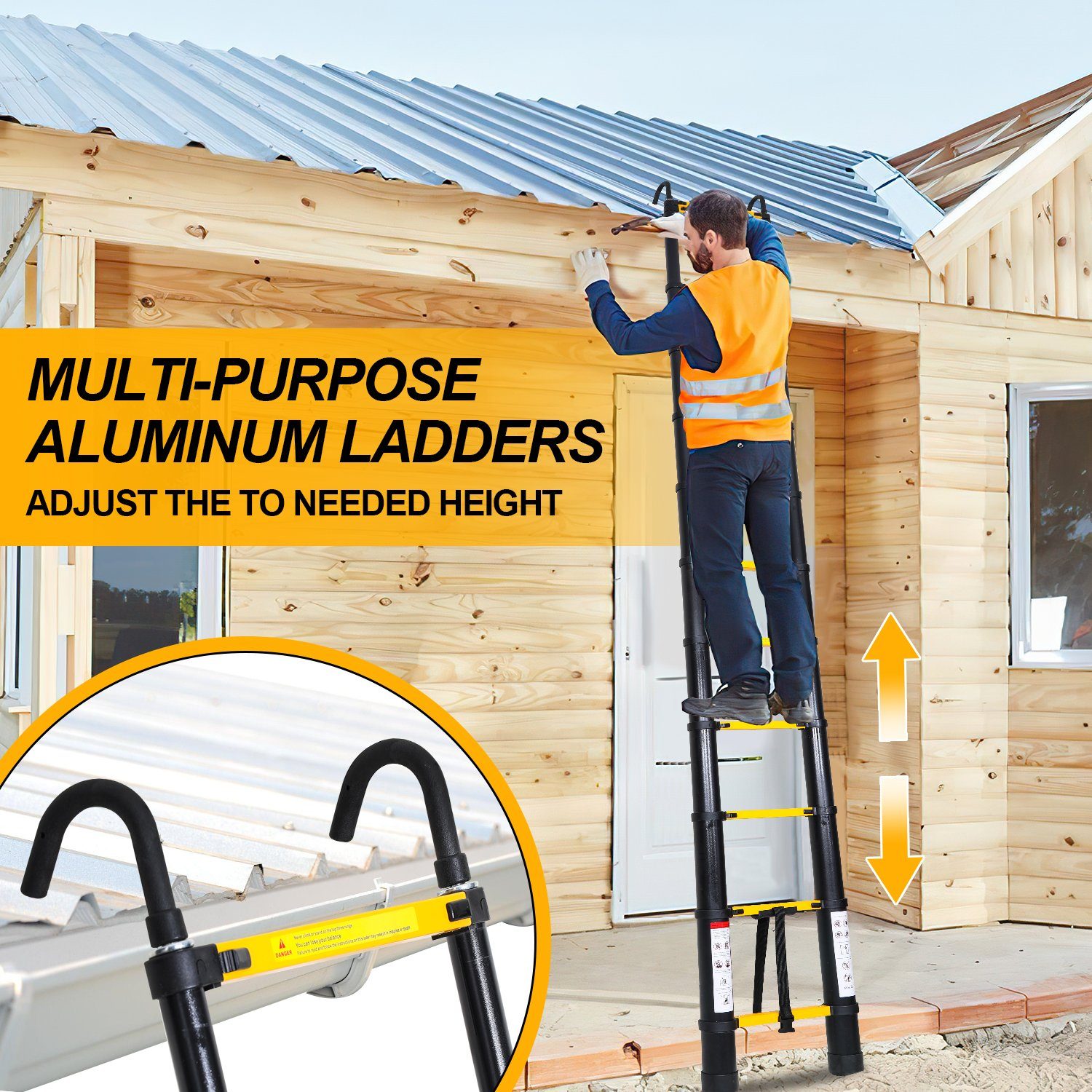 Lospitch Teleskopleiter Teleskopleiter Alu 4.4m Ausziehleiter Anlegeleiter mit haken