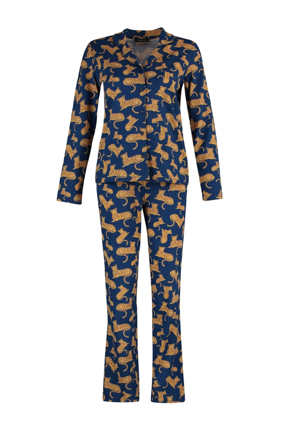 Trendyol Collection  Petrolfarbenes Pyjama-Set aus Strick mit Gepardenmuster THMAW23PT00150