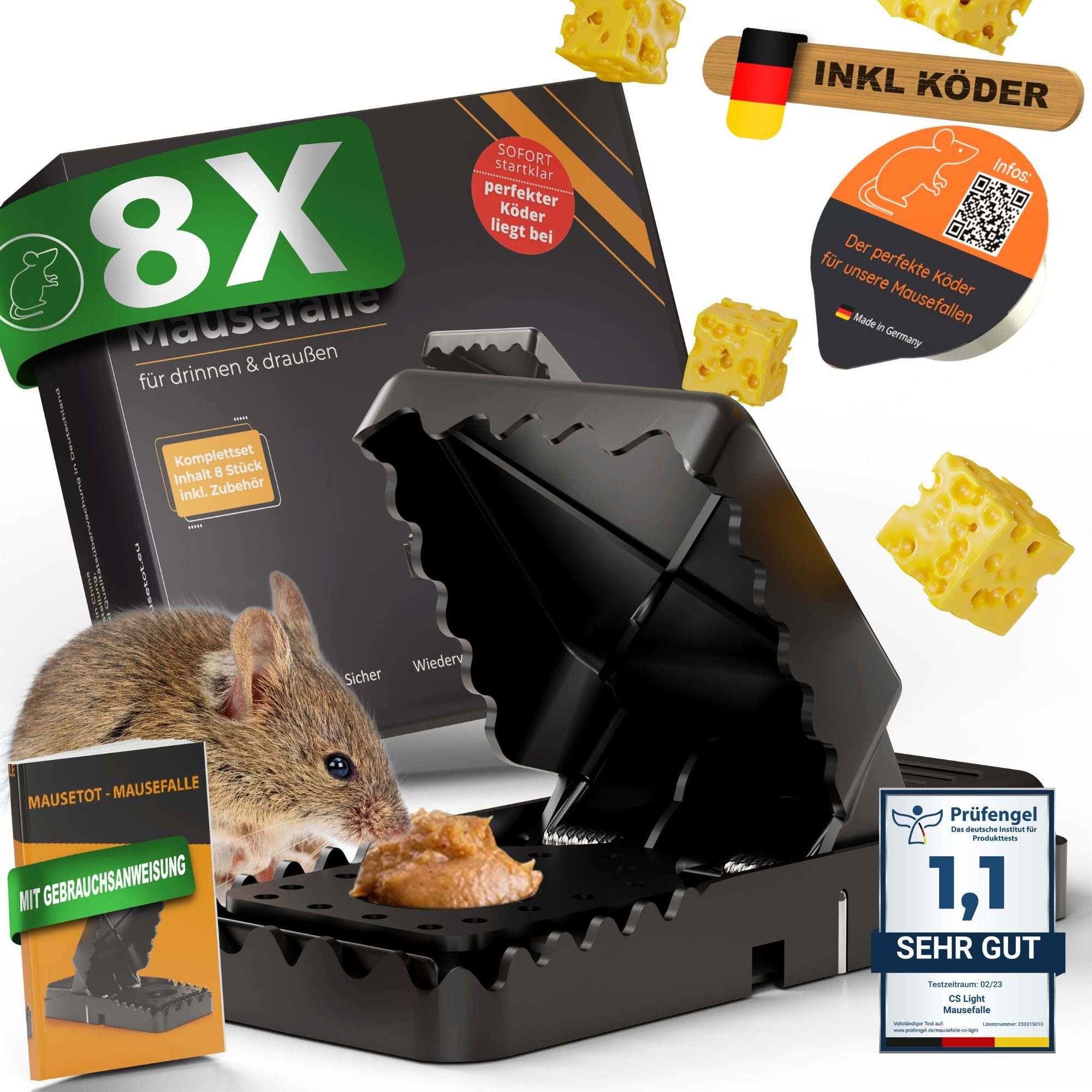 CS Light Schlagfalle Mausefalle [8er Set] inkl. Köder, Komplettset, giftfrei, extrem effektiv, Tierschutzgerecht - Sofort startklar