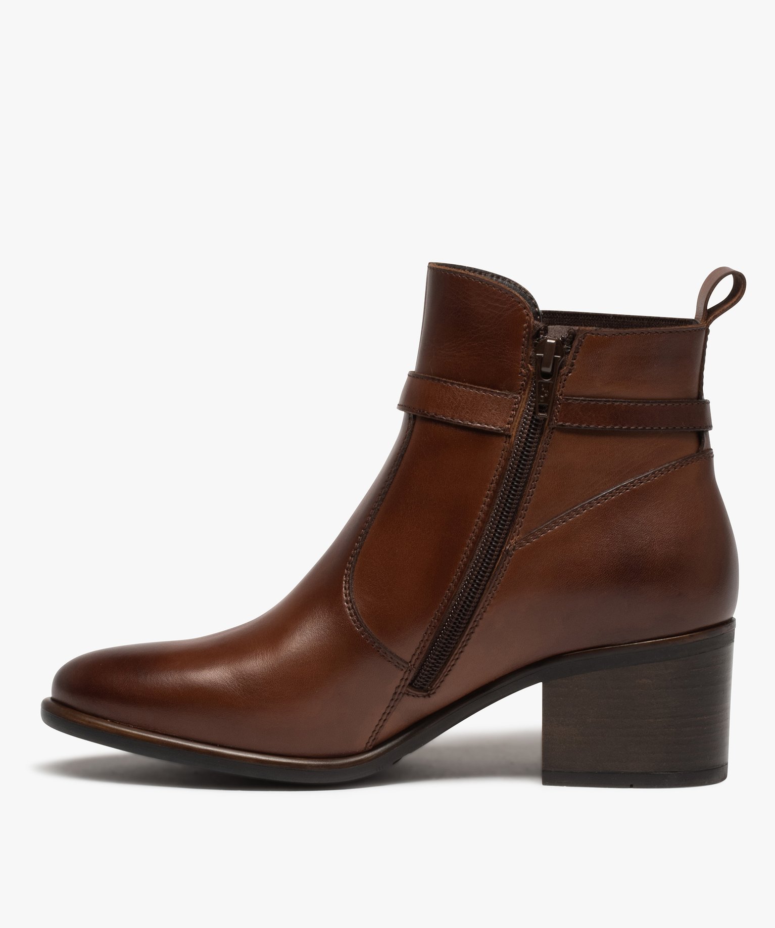 Boots femme à talon carré dessus en cuir uni à zip et bri... marron | GEMO