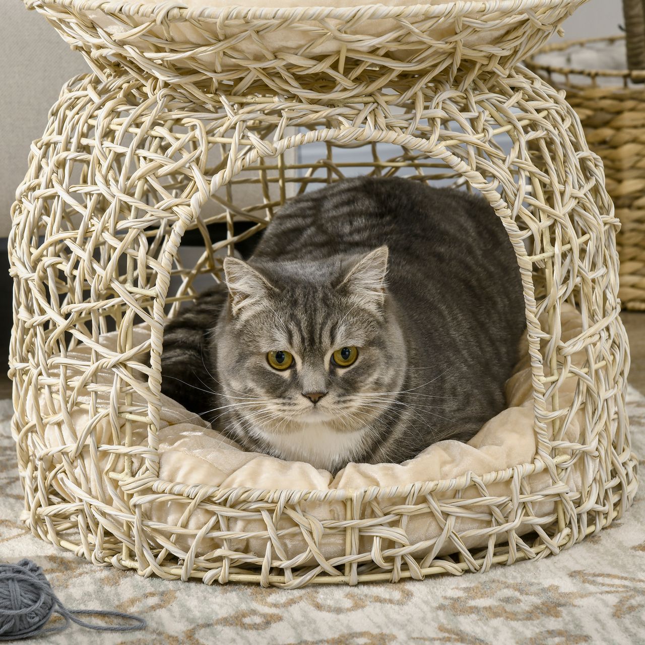 PawHut Katzenhöhle aus Rattan, 2 Etagen, Katzenhütte mit Kissen, Katzenhaus