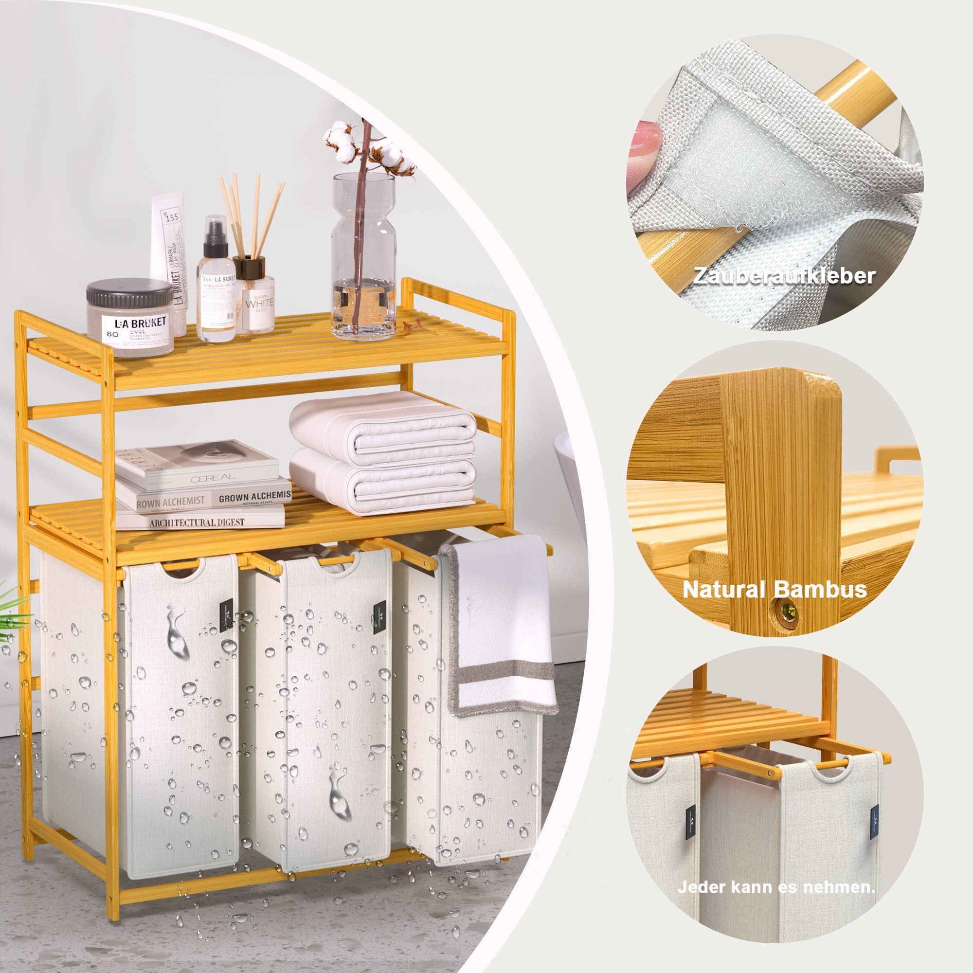 AdelDream Wäschekorb 150 l, 3 Fächer, 2 Regale Wäschesortierer