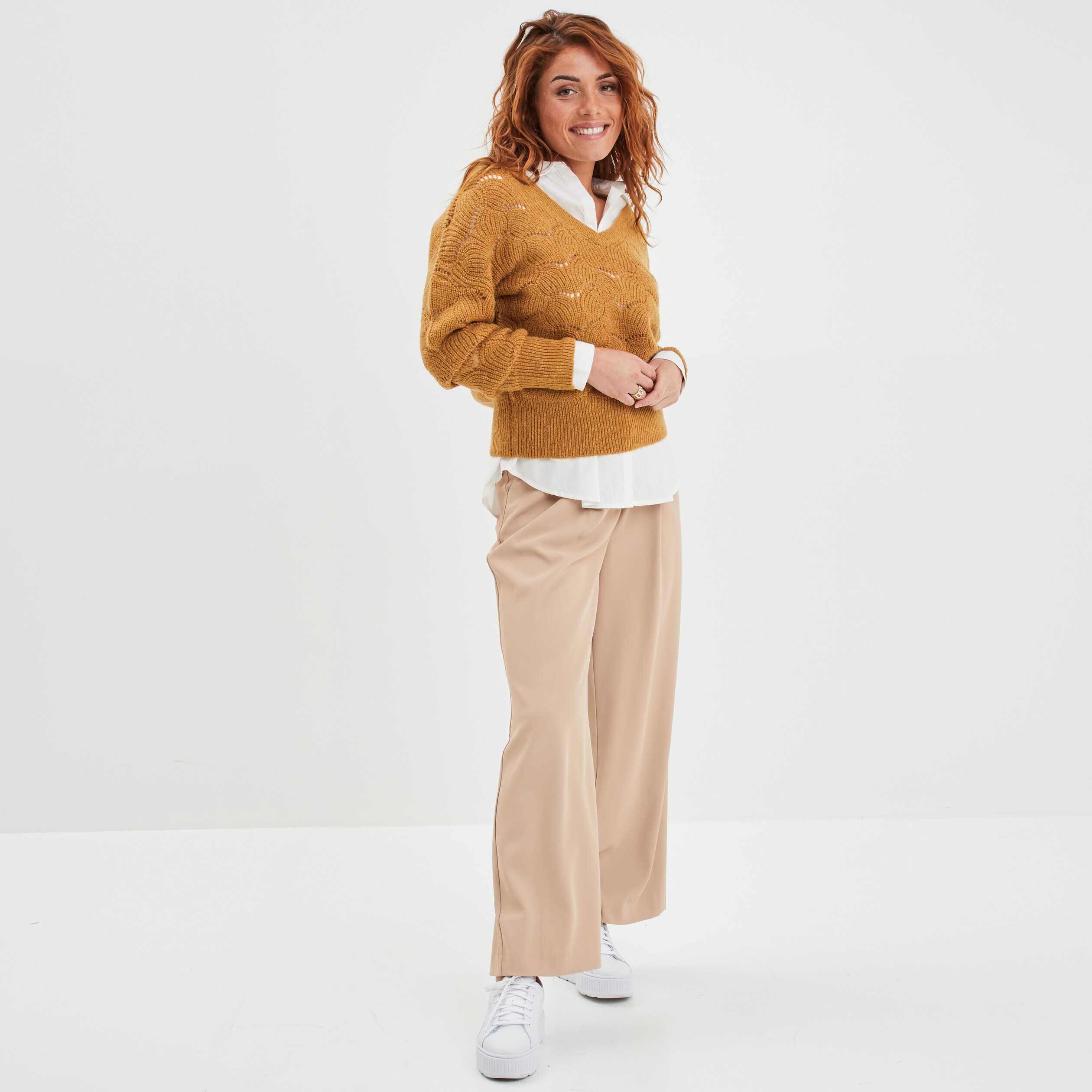 Pull ajouré devant col en V jaune moutarde femme | La Halle