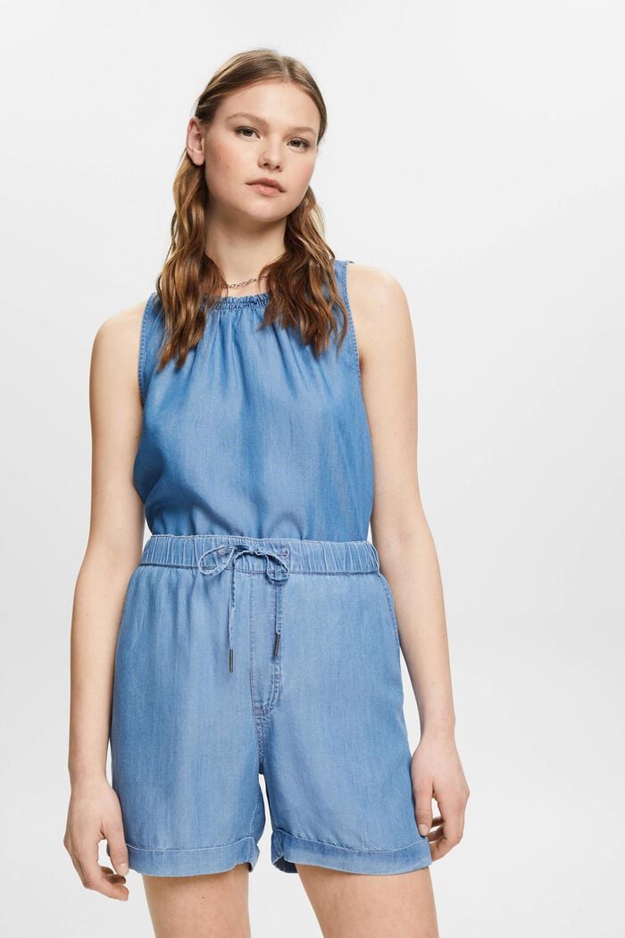 Ärmellose Bluse in Denim-Optik mit Rüschen