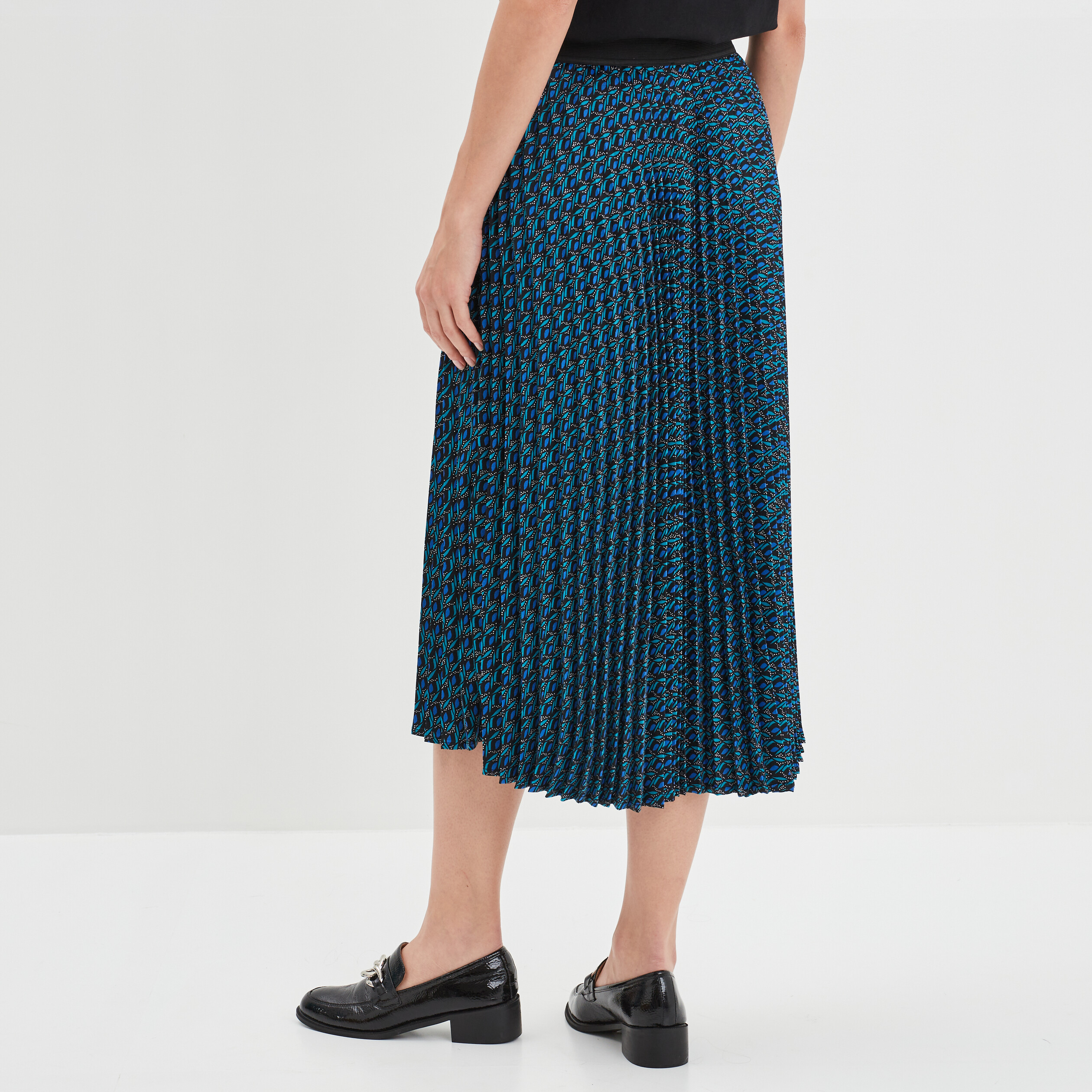 Jupe midi plissée en satin bleu marine femme | La Halle