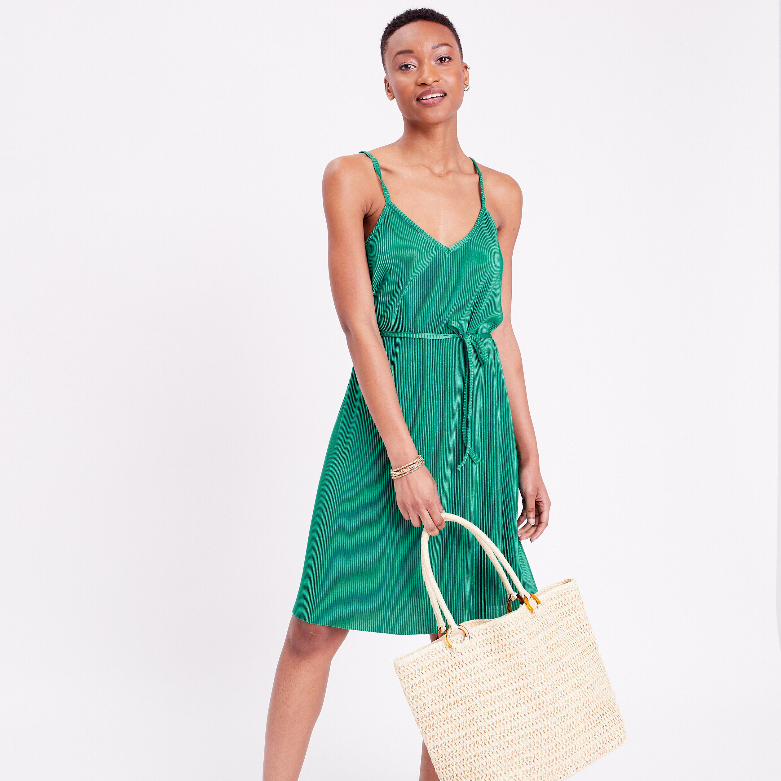 Robe droite plissée vert femme | Cache Cache
