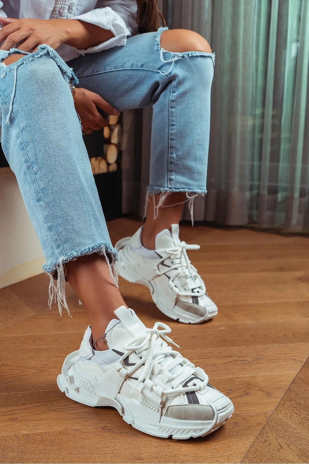 NİŞANTAŞI SHOES  Oslo Weiß Matte Spitze Detaillierte Damen-Sportschuhe mit dicker Sohle