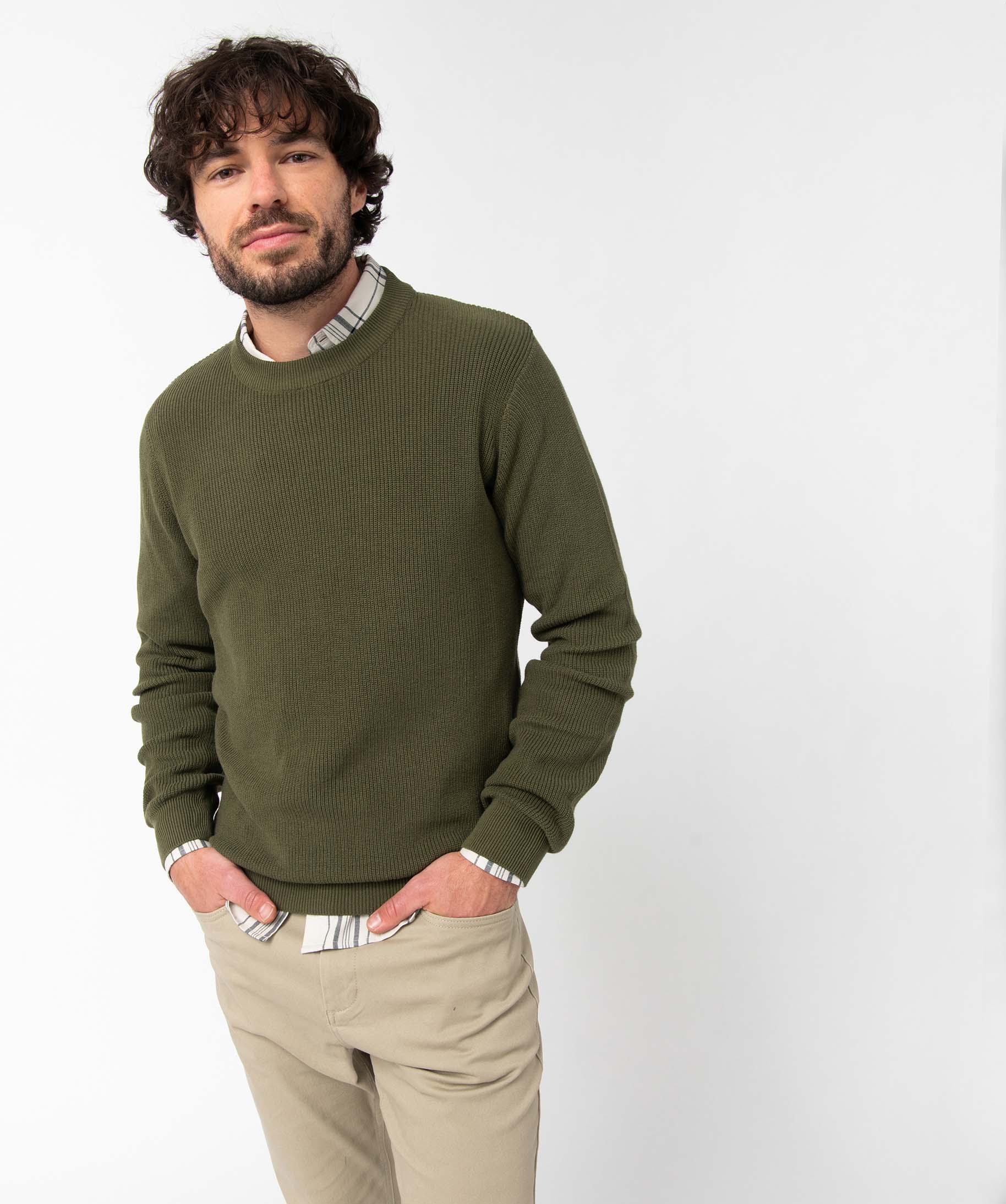 Pull homme en maille unie kaki | GEMO