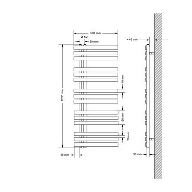 LuxeBath Badheizkörper Designheizkörper Badheizkörper IronEM Paneelheizkörper Flachheizkörper, Schwarz matt 500x1200mm inkl. Montage-Set