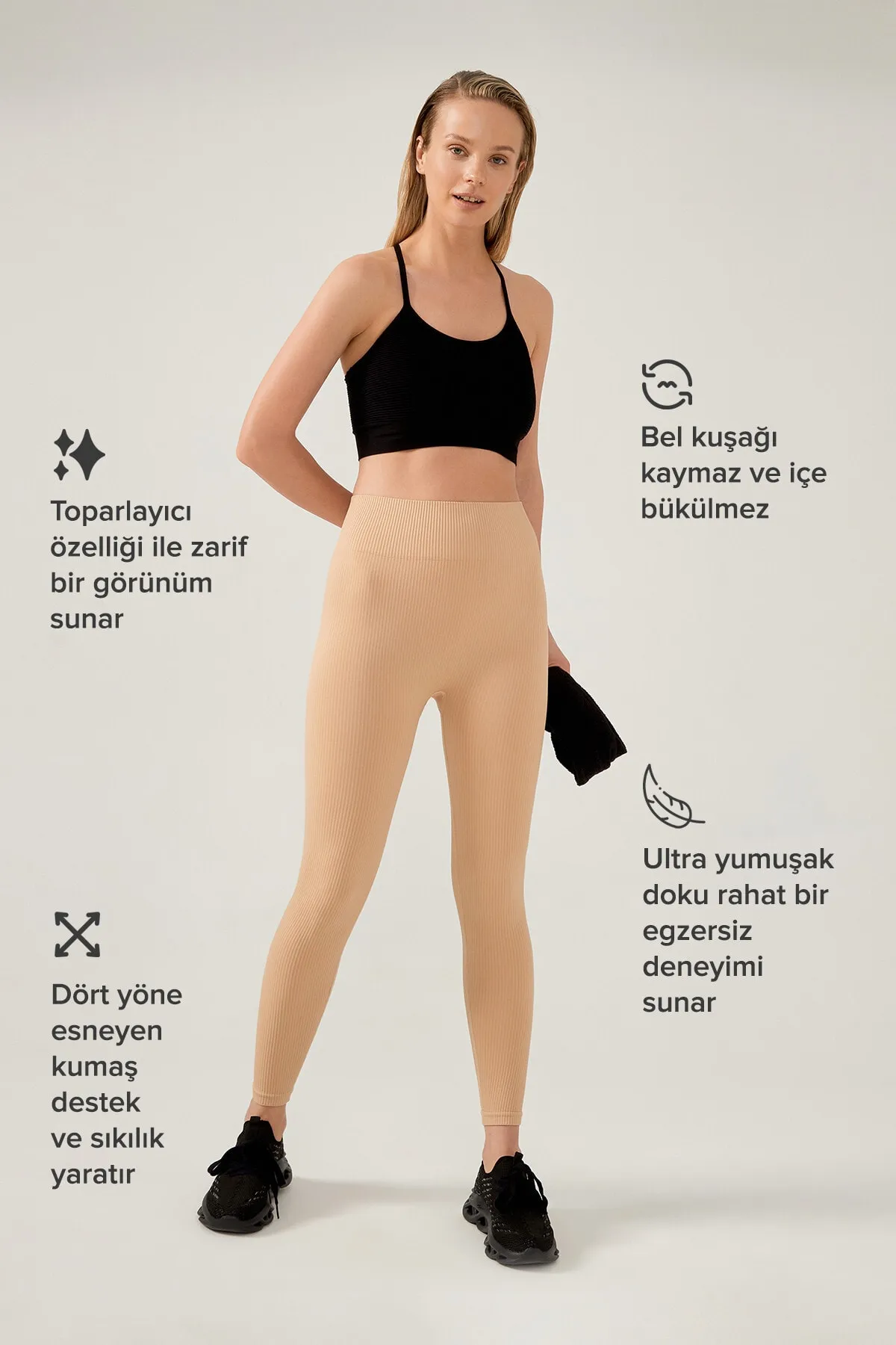 LOS OJOS  Beigefarbene, nahtlose, gerippte Fitness-Leggings mit hoher Taille für Damen