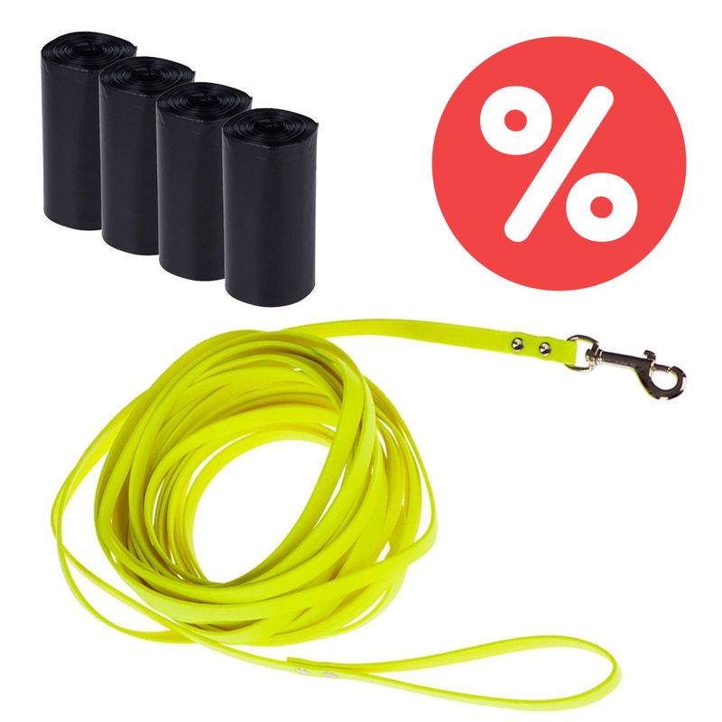 Sparset Heim Biothane Suchleine - neon-gelb + Hundekotbeutel