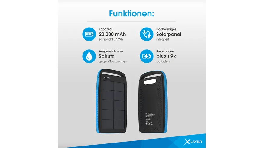 Zusatzakku XLayer Powerbank PLUS Solar Black/Blue 20.000 mAh
