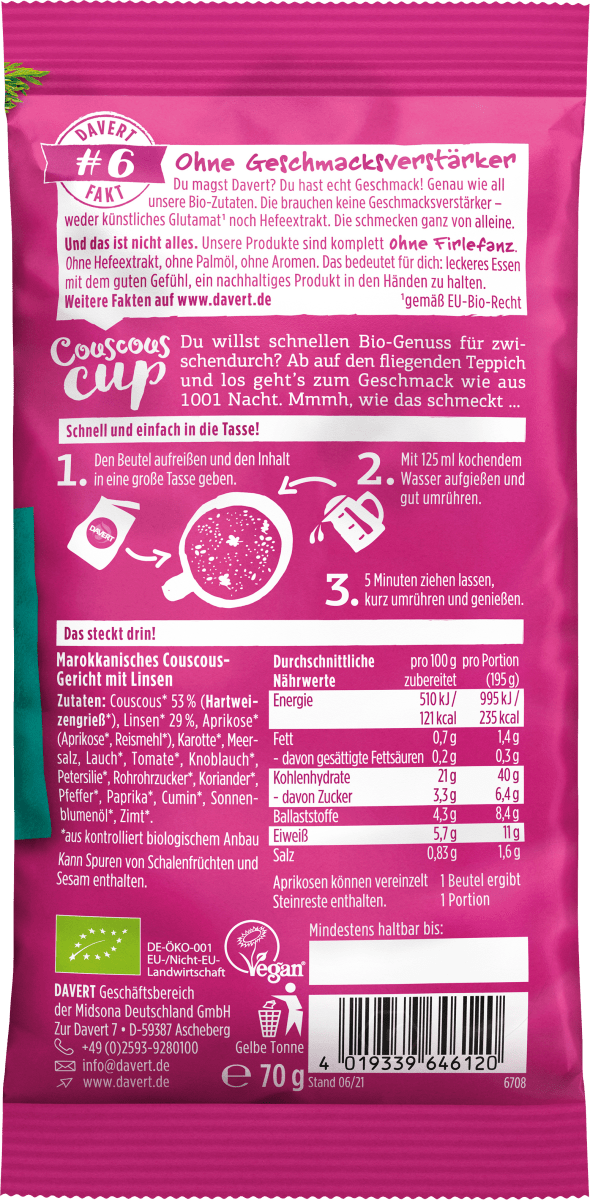 Fertiggericht, Couscous Cup, marokkanisch, 70 g