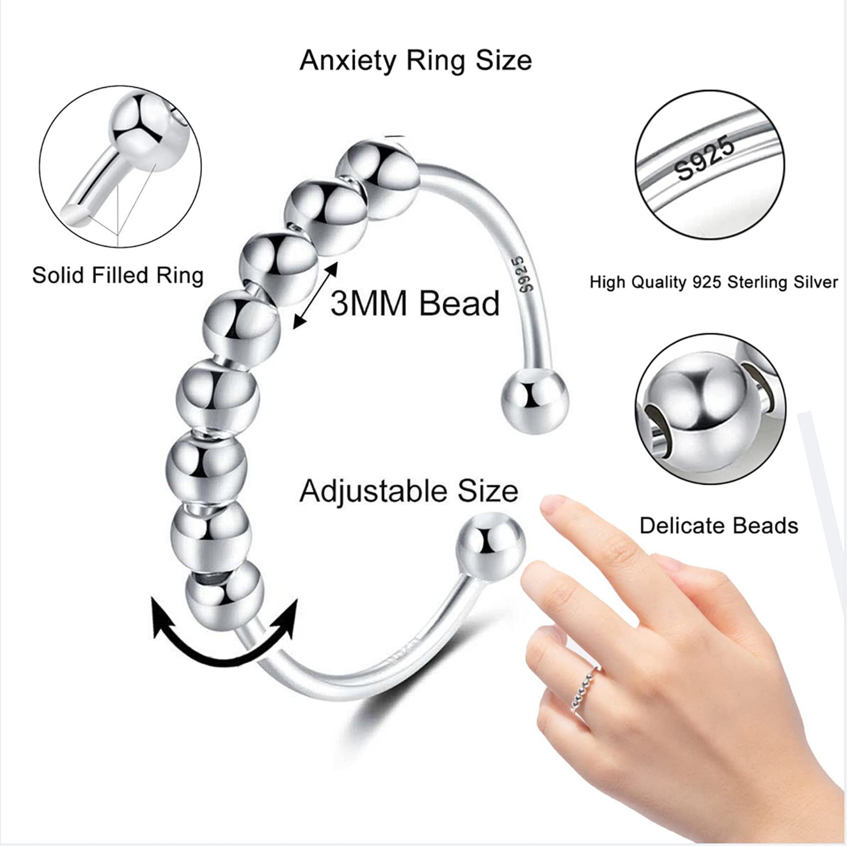Haiaveng Fingerring S925 Verstellbare Sterling Silber schwimmende Ring für Angst Linderung, Geeignet für Männer und Frauen