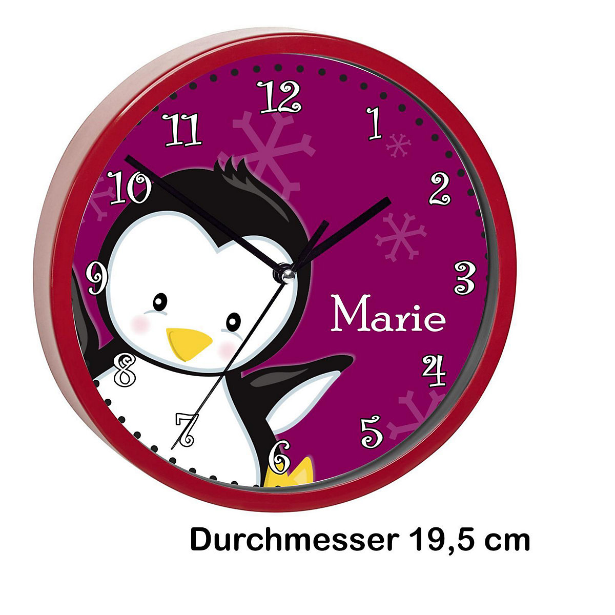 Kinder Wanduhr personalisiert mit Name Pinguin brombeere