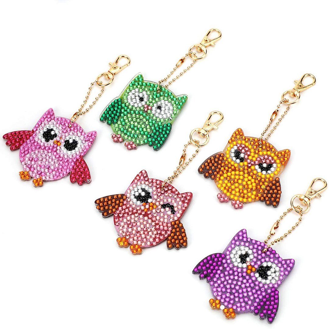 SOTOR Mosaikfliesen 5 Stücke DIY 5D Eule Diamond Art Painting Keychain, Rhinestone Pasted, A, Diamant Malerei Schlüsselbund Stickerei Kunst Handwerk