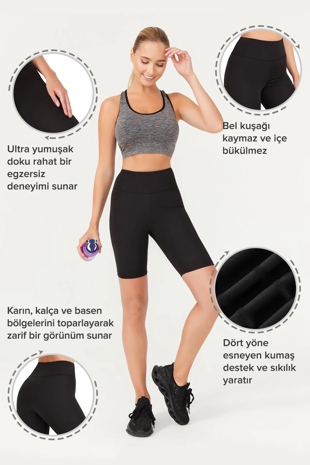LOS OJOS  Damen-Radhose, schwarz, hohe Taille, lockere Radlerhose, kurze Sport-Tights, Biker-Basics