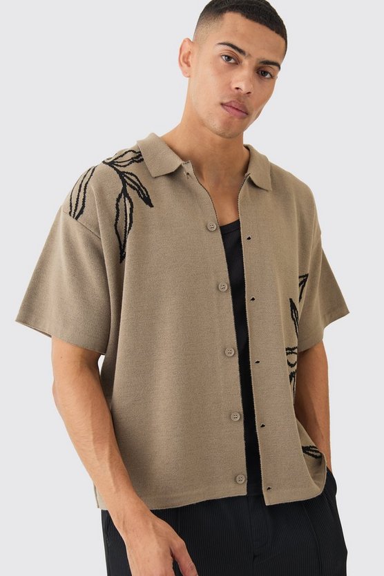 Kastiges florales Jacquard-Hemd in Taupe
