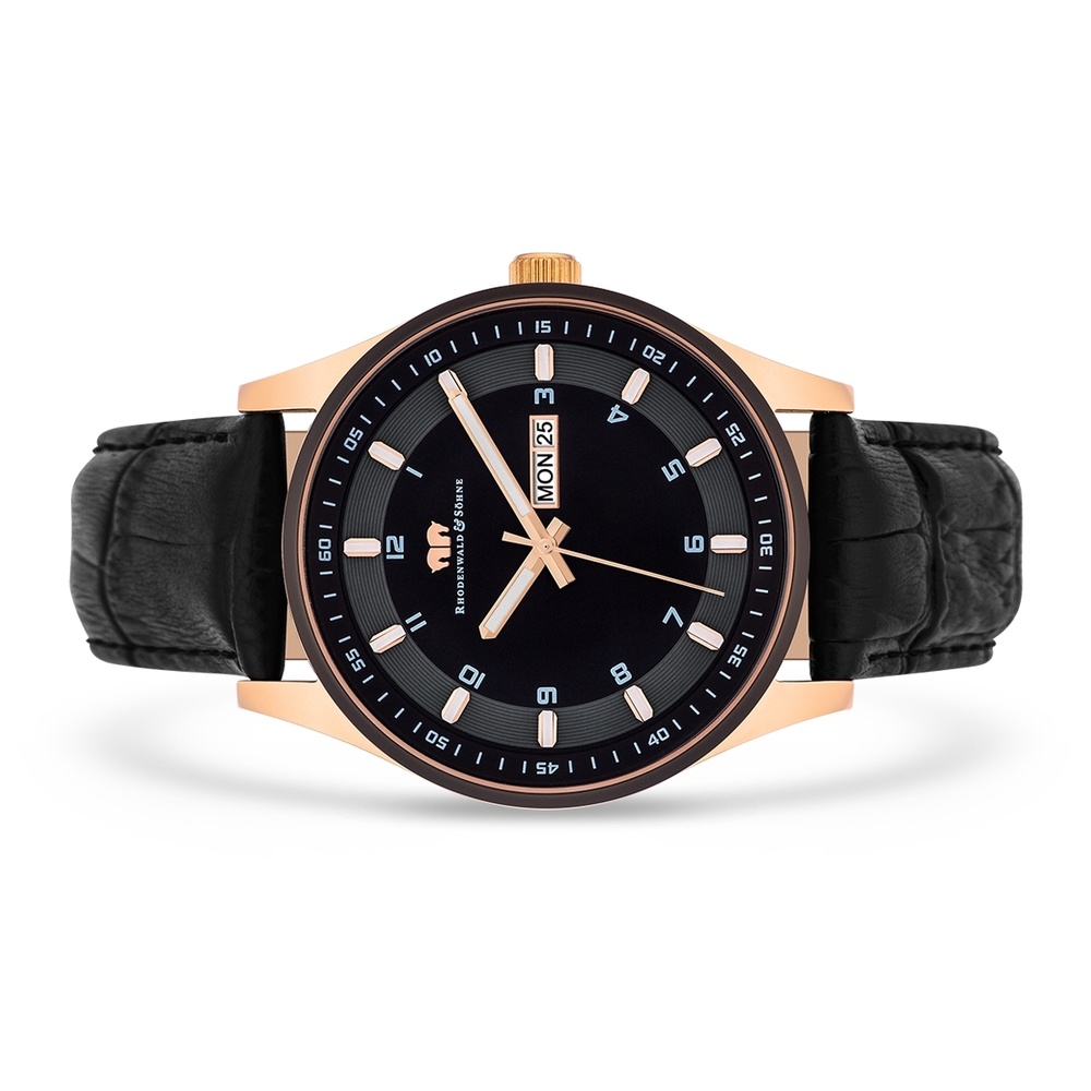 Rhodenwald & Söhne Montre à quartz Couragian en Cuir véritable en Noir Montre