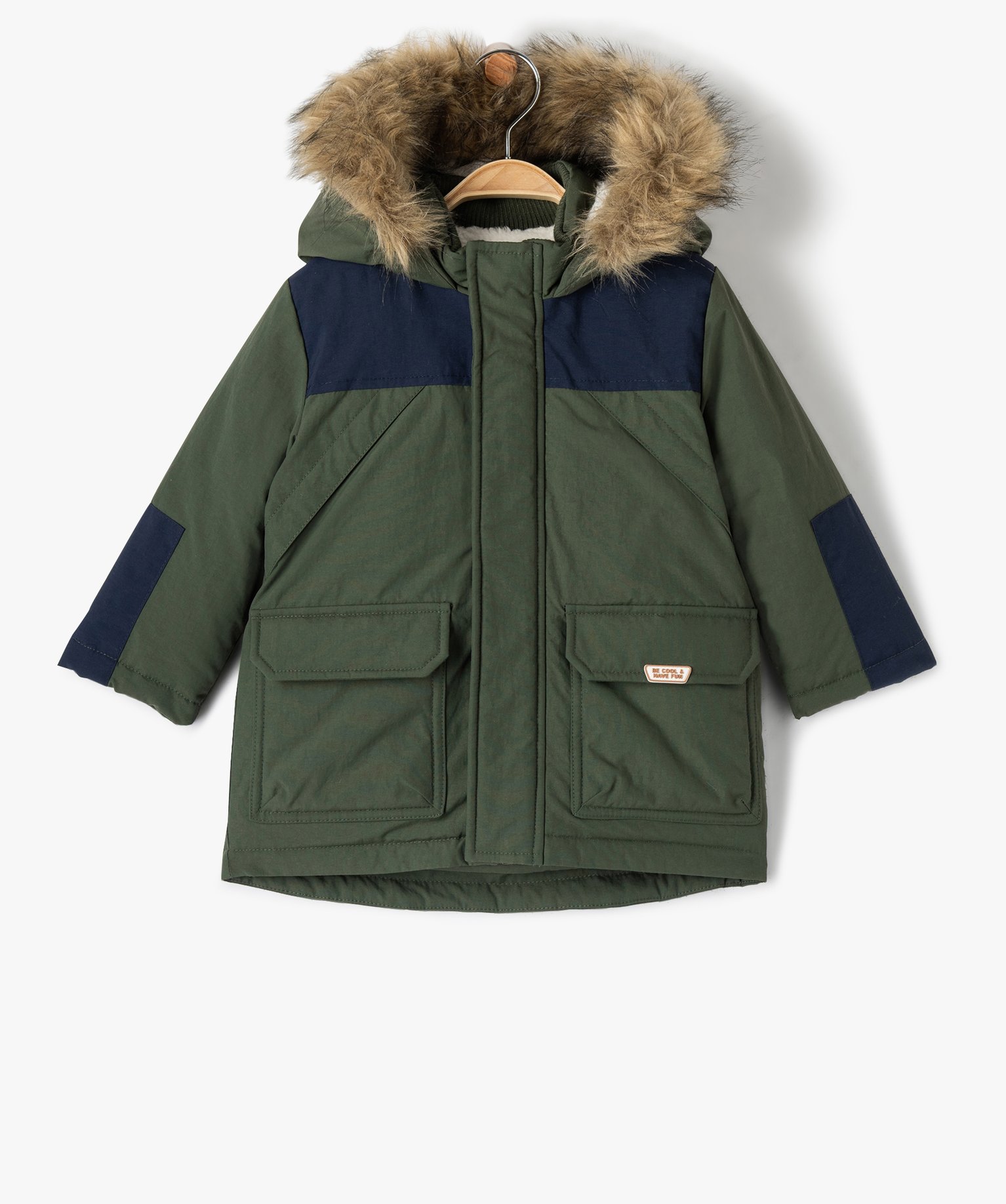 Blouson bébé Garçon matelassé bicolore avec doublure chaude kaki | GEMO
