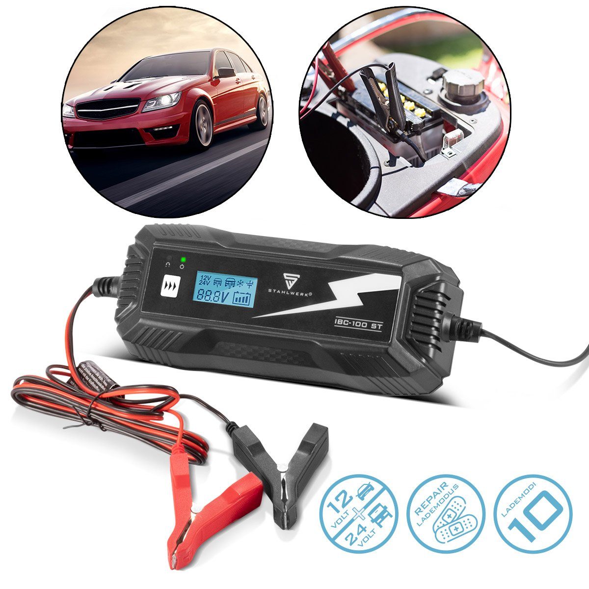 STAHLWERK Batterieladegerät IBC-100 ST mit Mikroprozessor Autobatterie-Ladegerät (Packung, 1-tlg., Das Batterieladegerät verfügt über einen Überladungs-, Polungs- und Kurzschlussschutz., und 10 Lademodi für 12V/24V AGM, VRLA, MF, SLA und GEL-Batterie